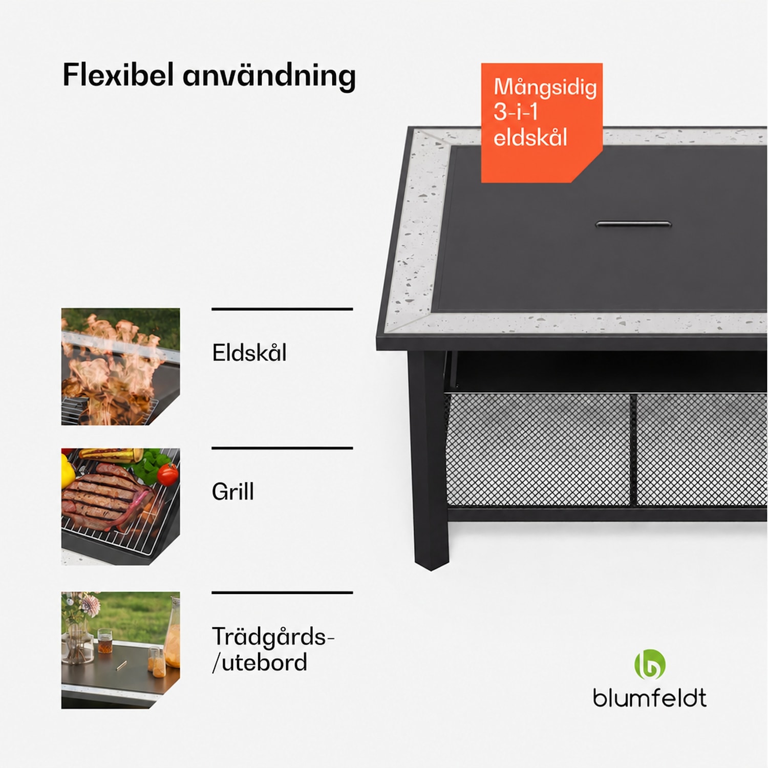Merano Avanzato 3-i-1-eldskål med grillfunktion, kan användas som bord, 87 x 87 cm En fyrkant | Ljusgrå