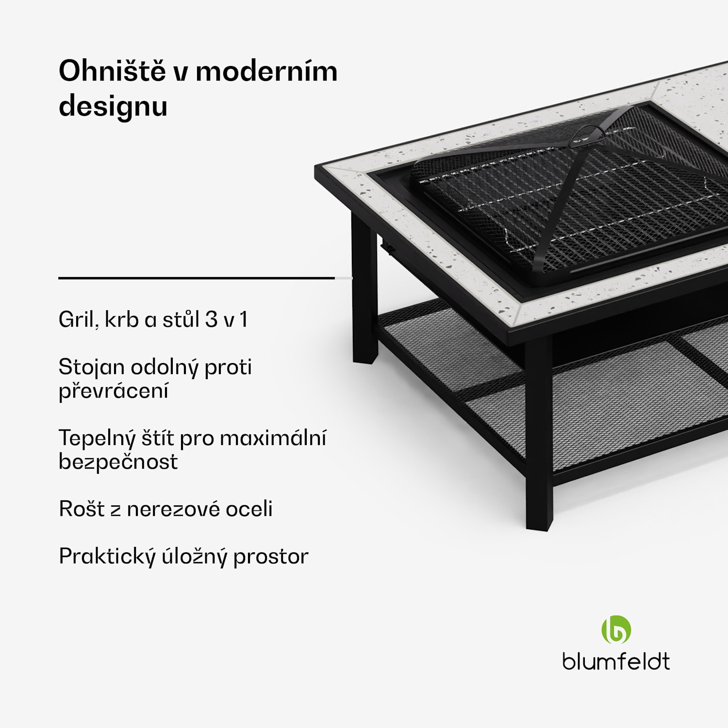 Merano Avanzato L, 3 v 1 ohniště s funkcí grilu, lze použít jako stůl Obdélník | Bílá