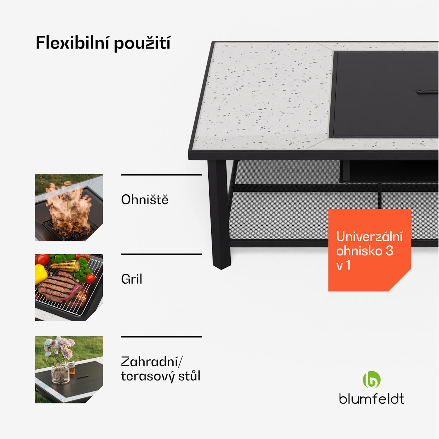 Merano Avanzato L, 3 v 1 ohniště s funkcí grilu, lze použít jako stůl Obdélník | Bílá