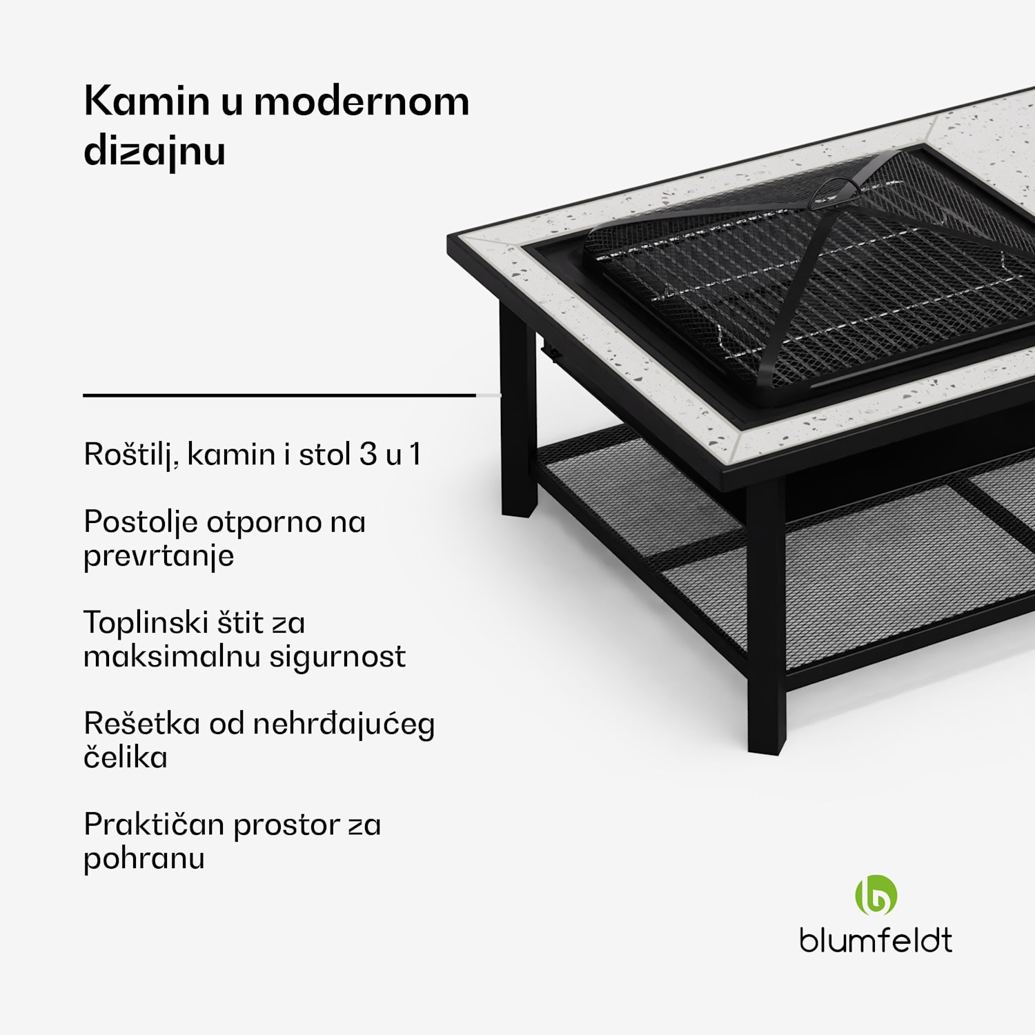 Merano Avanzato L, 3 u 1 ložište s funkcijom roštilja, može se koristiti kao stol, 122 x 87 cm Pravokutnik | Bijela