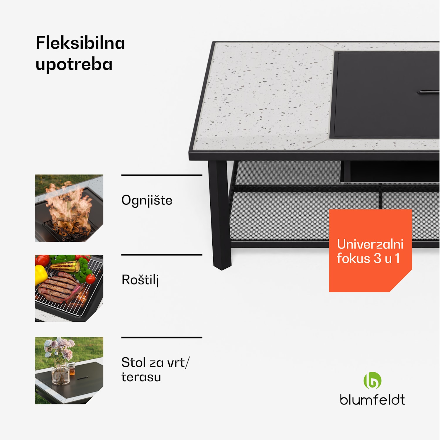 Merano Avanzato L, 3 u 1 ložište s funkcijom roštilja, može se koristiti kao stol, 122 x 87 cm Pravokutnik | Bijela