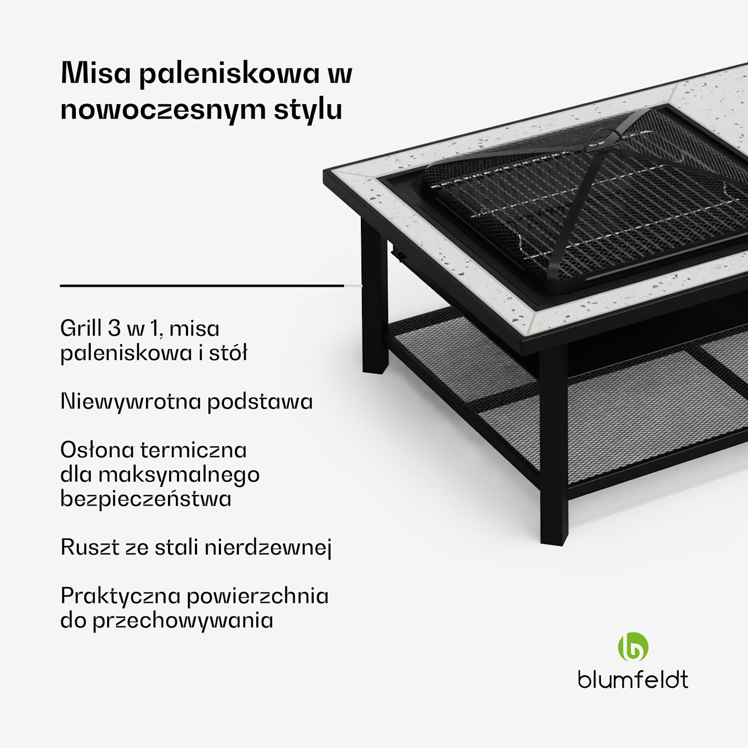 Merano Avanzato L, misa paleniskowa 3 w 1, z funkcją grilla, może być używana jako stół, 122 x 87 cm Prostokąt | Biały
