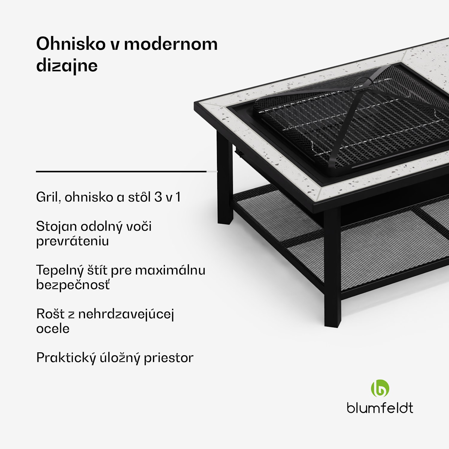 Merano Avanzato L, ohnisko 3 v 1 s funkciou grilu, dá sa použiť ako stôl, 122 x 87 cm Obdĺžnik | Biela