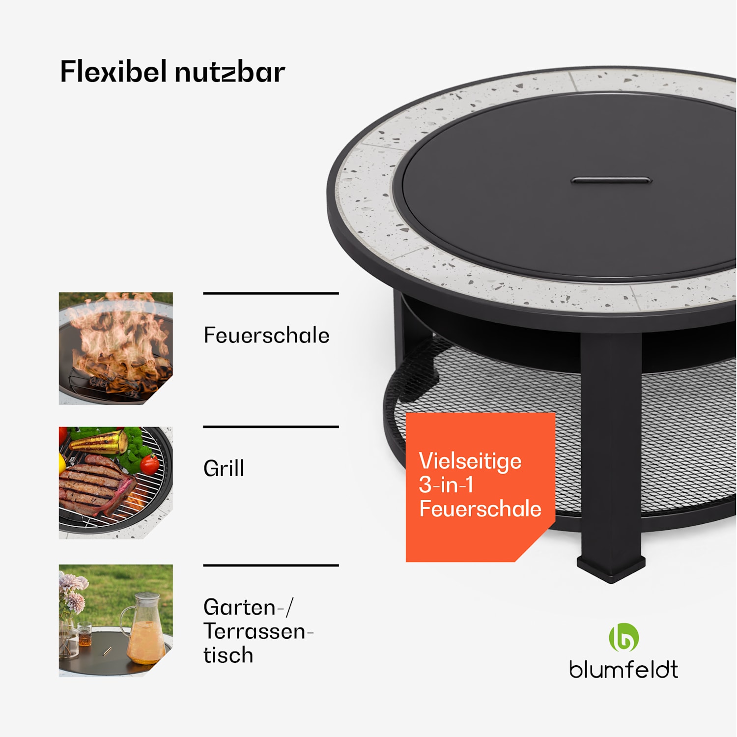 Merano Circolo 3-in-1-Feuerschale mit Grillfunktion als Tisch nutzbar 87 cm Durchmesser  Oval | Hellgrau