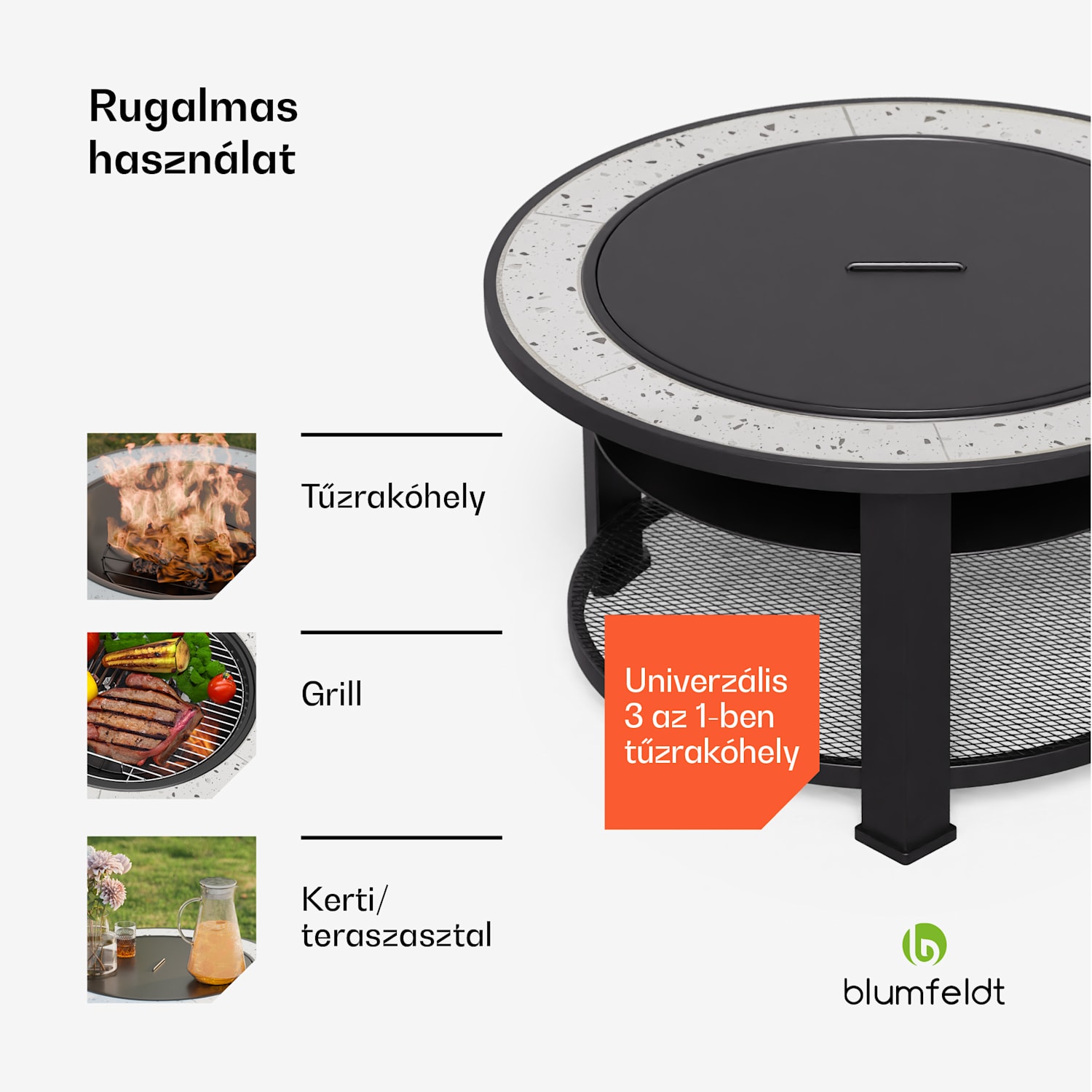 Merano Circolo 3 az 1-ben, tűzrakóhely grill funkcióval, használható asztalként, 87 cm-es átmérő Ovális | Világosszürke