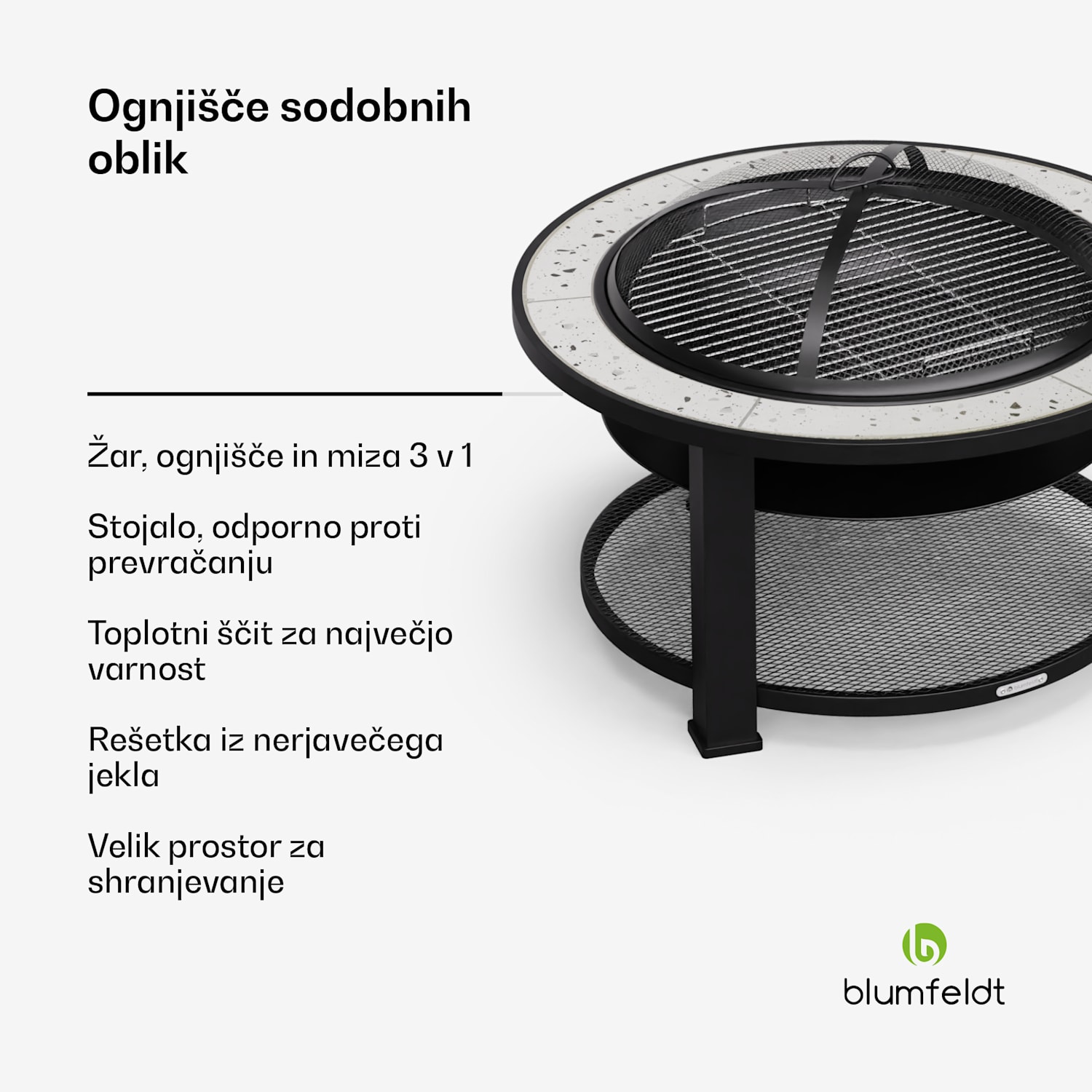 Merano Circolo 3 v 1, ognjišče s funkcijo žara, ki se lahko uporablja kot miza Ovalna | Svetlo siva