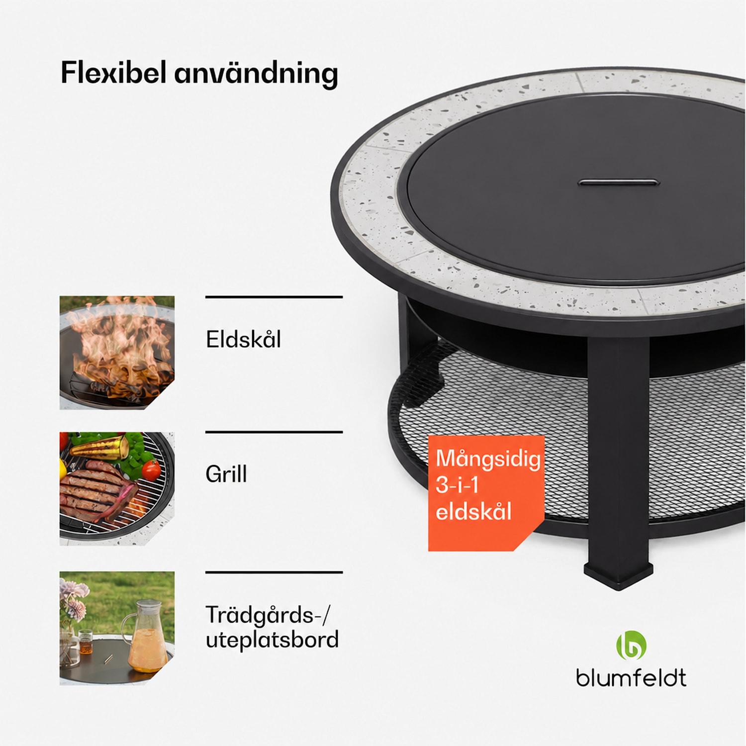 Merano Circolo 3-i-1-eldskål med grillfunktion, kan användas som bord, 87 cm i diameter Oval | Ljusgrå