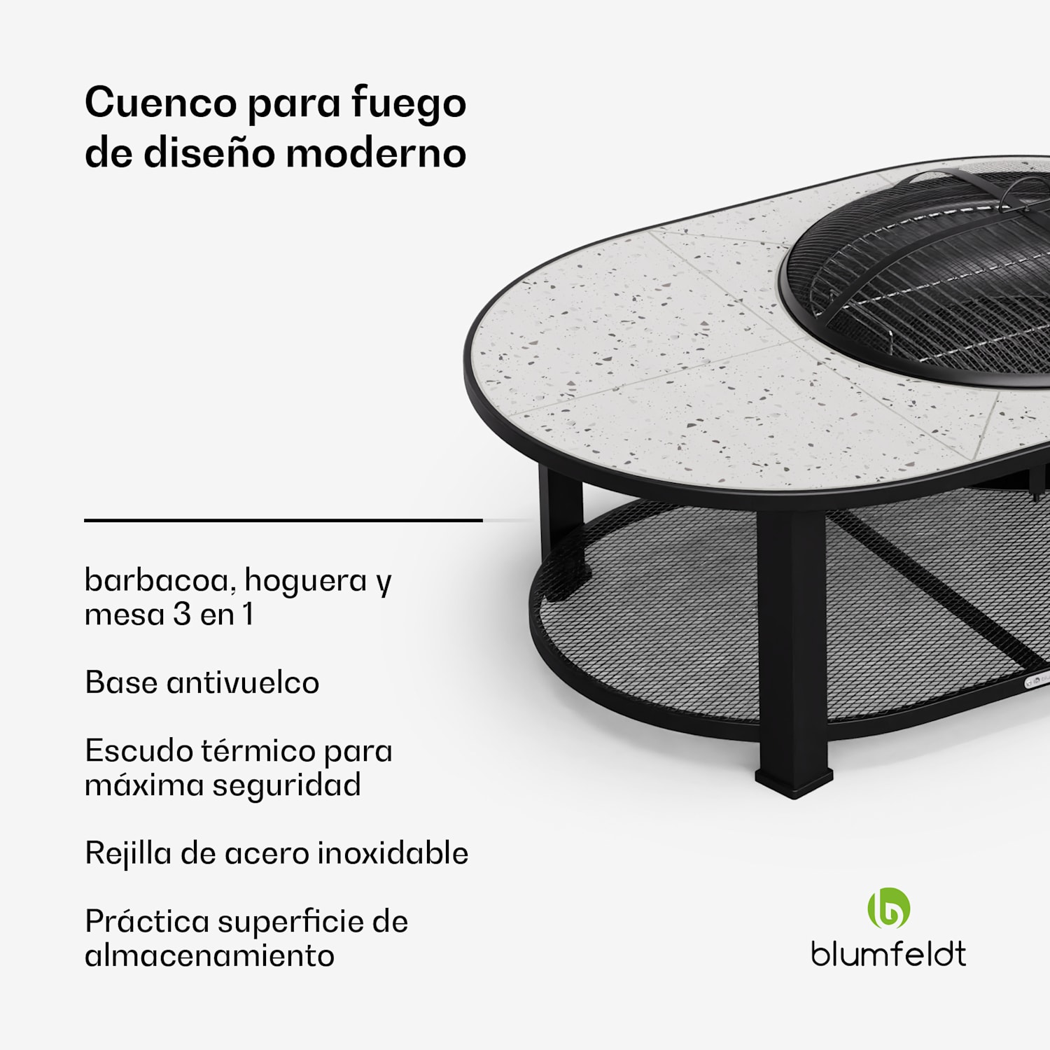 Merano Circolo 3-en-1 cuenco de fuego con función de parrilla se puede utilizar como una mesa 122 x 87 cm Elíptico | Blanco