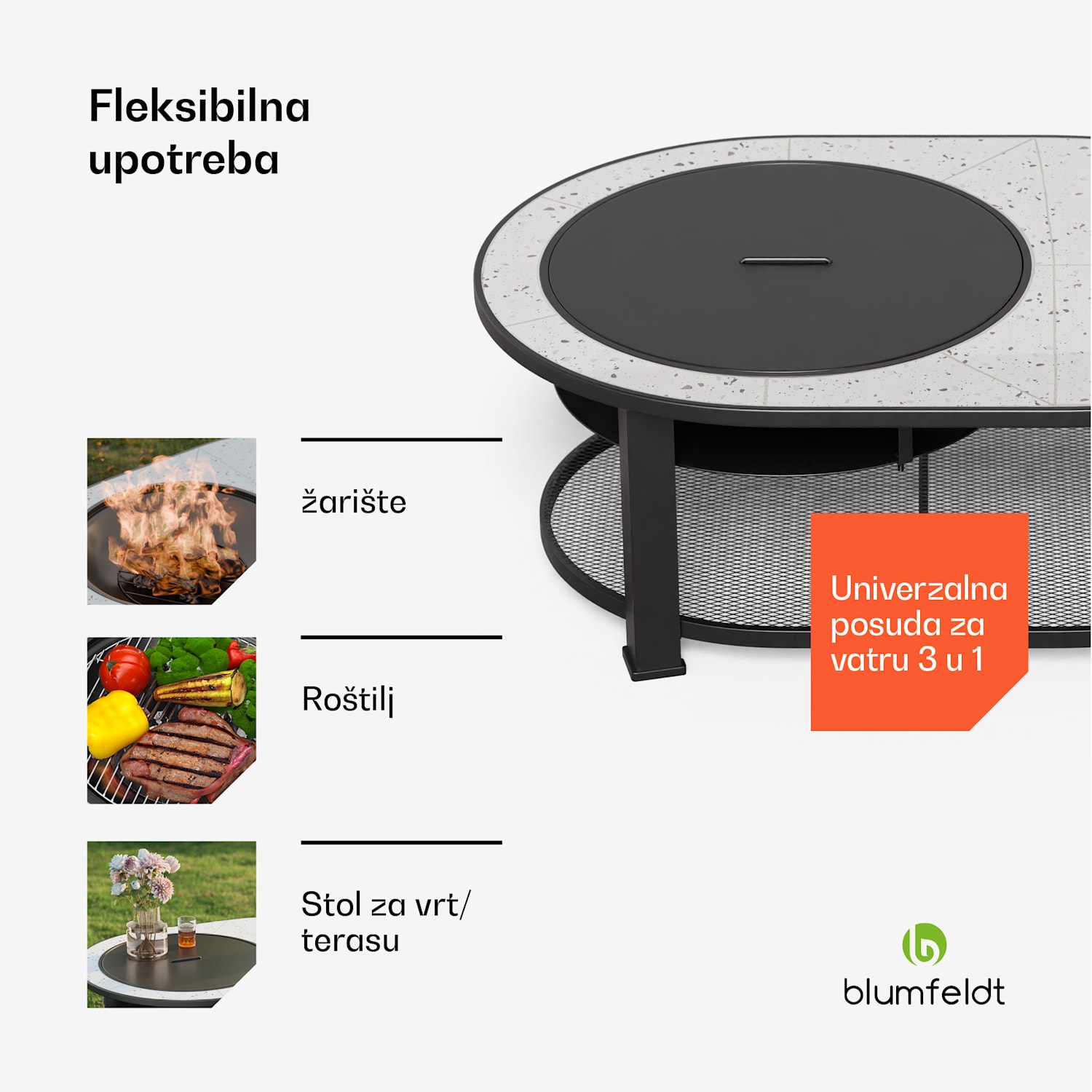 Merano Avanzato 3 u 1, ložište s funkcijom roštilja, može se koristiti kao stol, 87 x 87 cm Eliptičan | Bijela