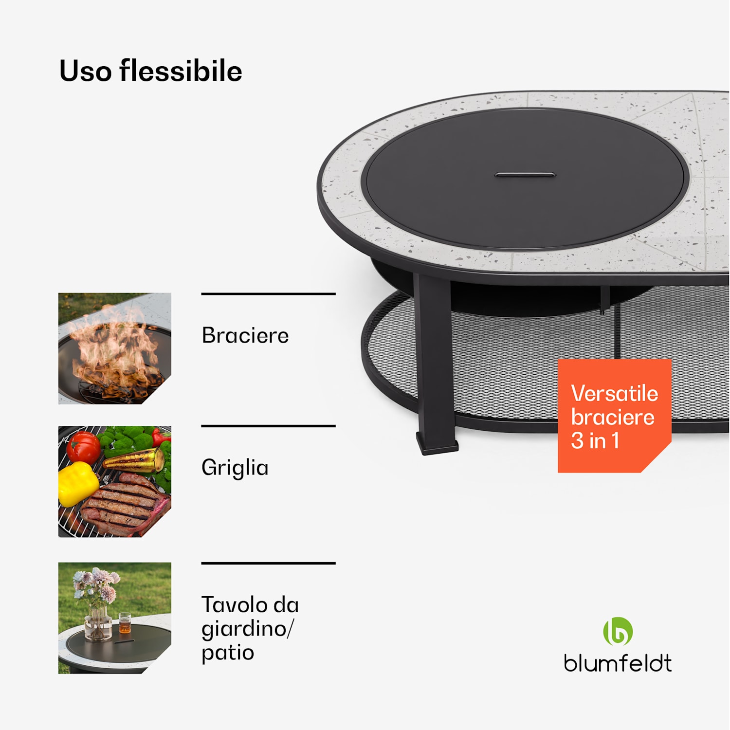 Merano Circolo L - Braciere 3 in 1 con funzione grill, utilizzabile come tavolo, 122 x 87 cm Ellittica | Bianco