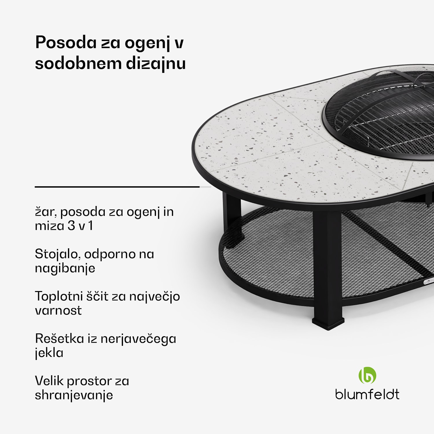 Merano Circolo L, 3 v 1, ognjišče s funkcijo žara, ki se lahko uporablja kot miza Eliptične | Bela