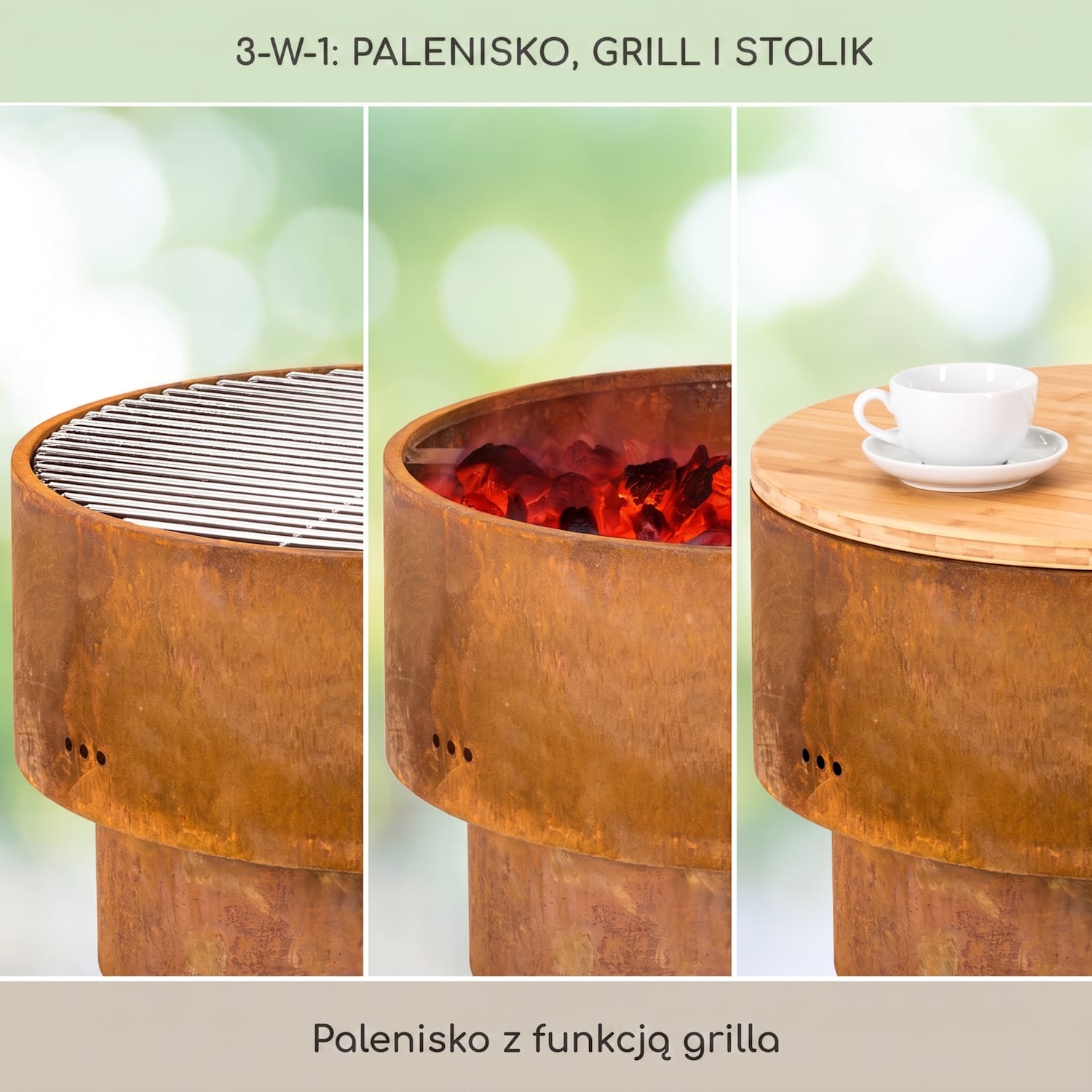 Pompeji Rust, palenisko ogrodowe z rusztem grillowym, Ø 60 cm, stal Rdza