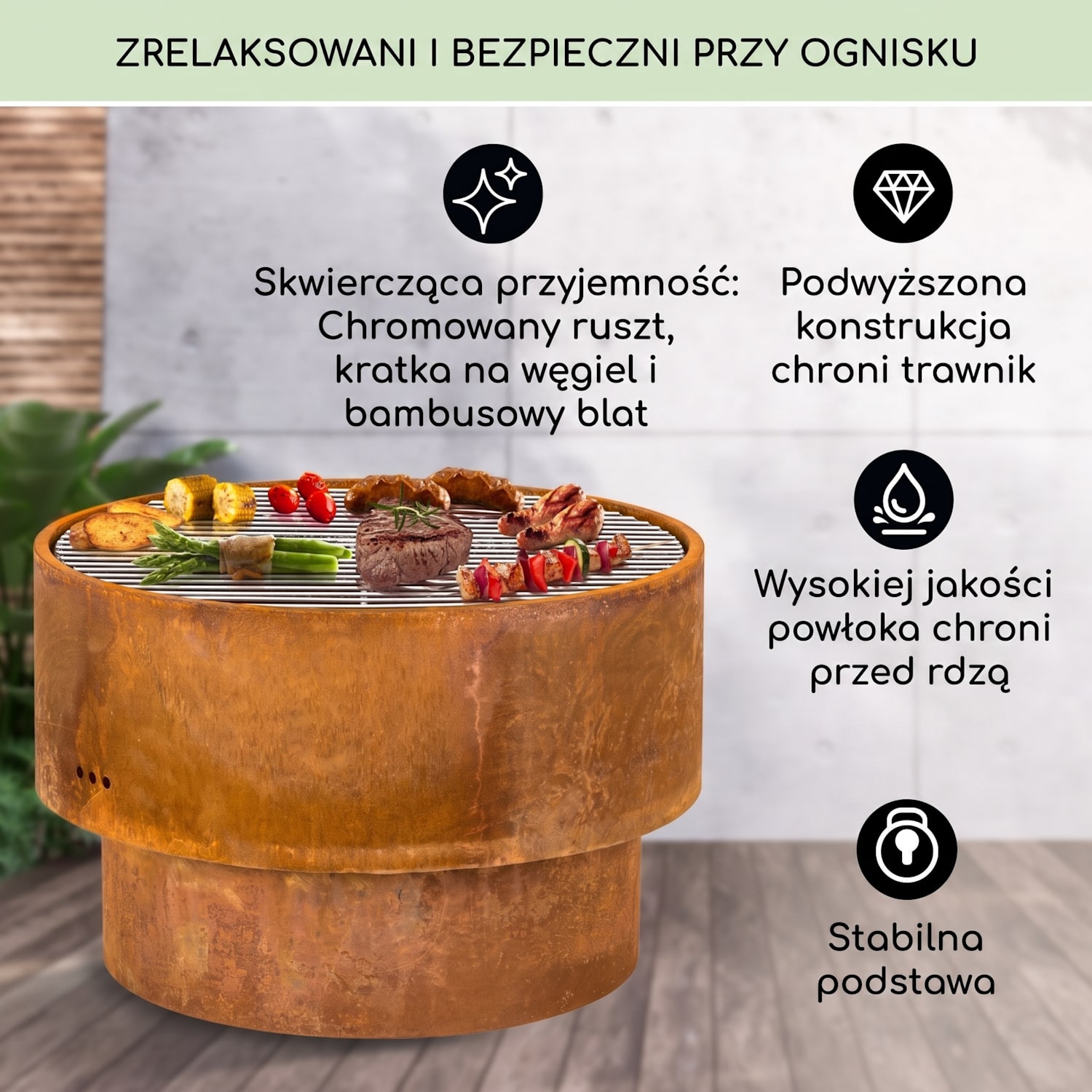 Pompeji Rust, palenisko ogrodowe z rusztem grillowym, Ø 60 cm, stal Rdza