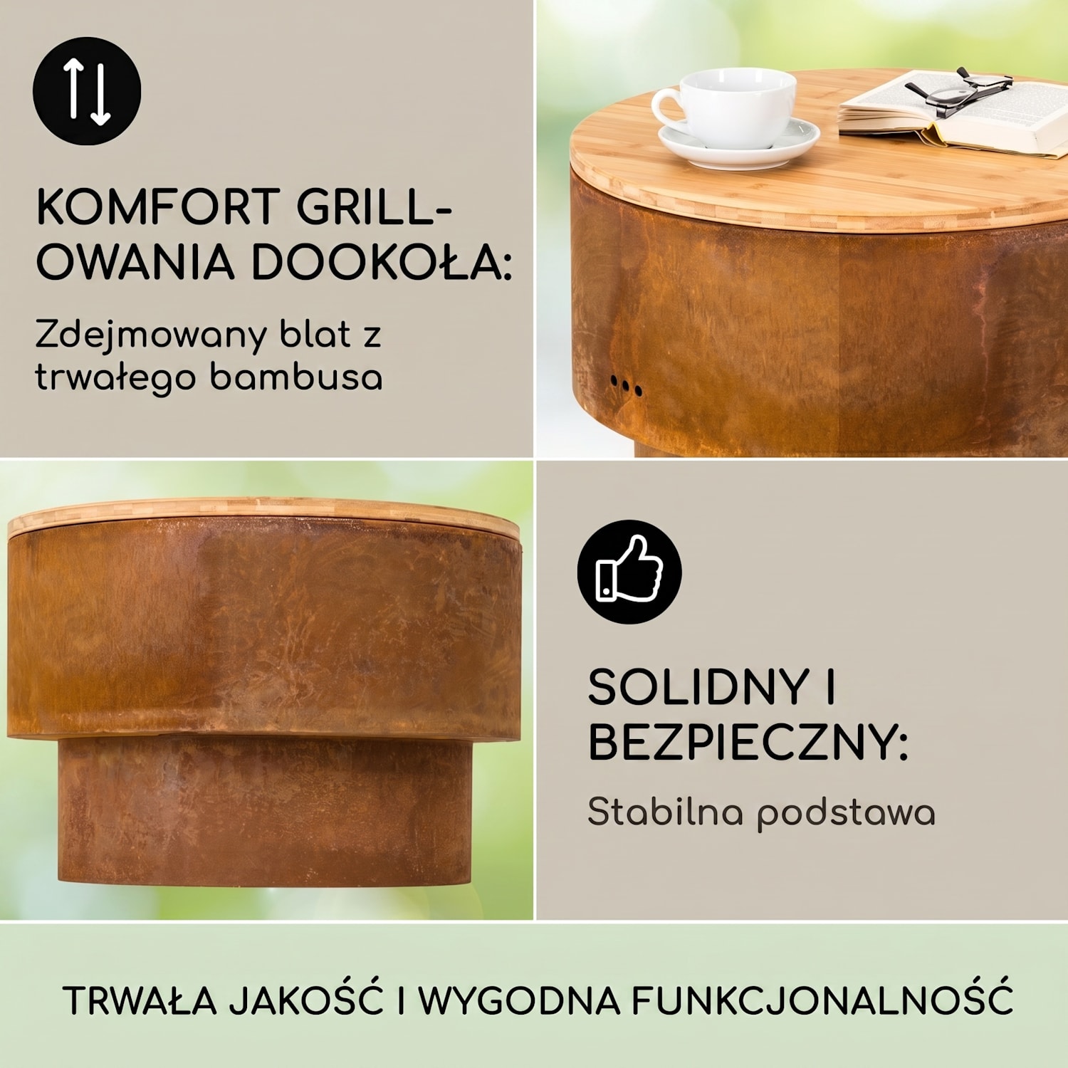Pompeji Rust, palenisko ogrodowe z rusztem grillowym, Ø 60 cm, stal Rdza