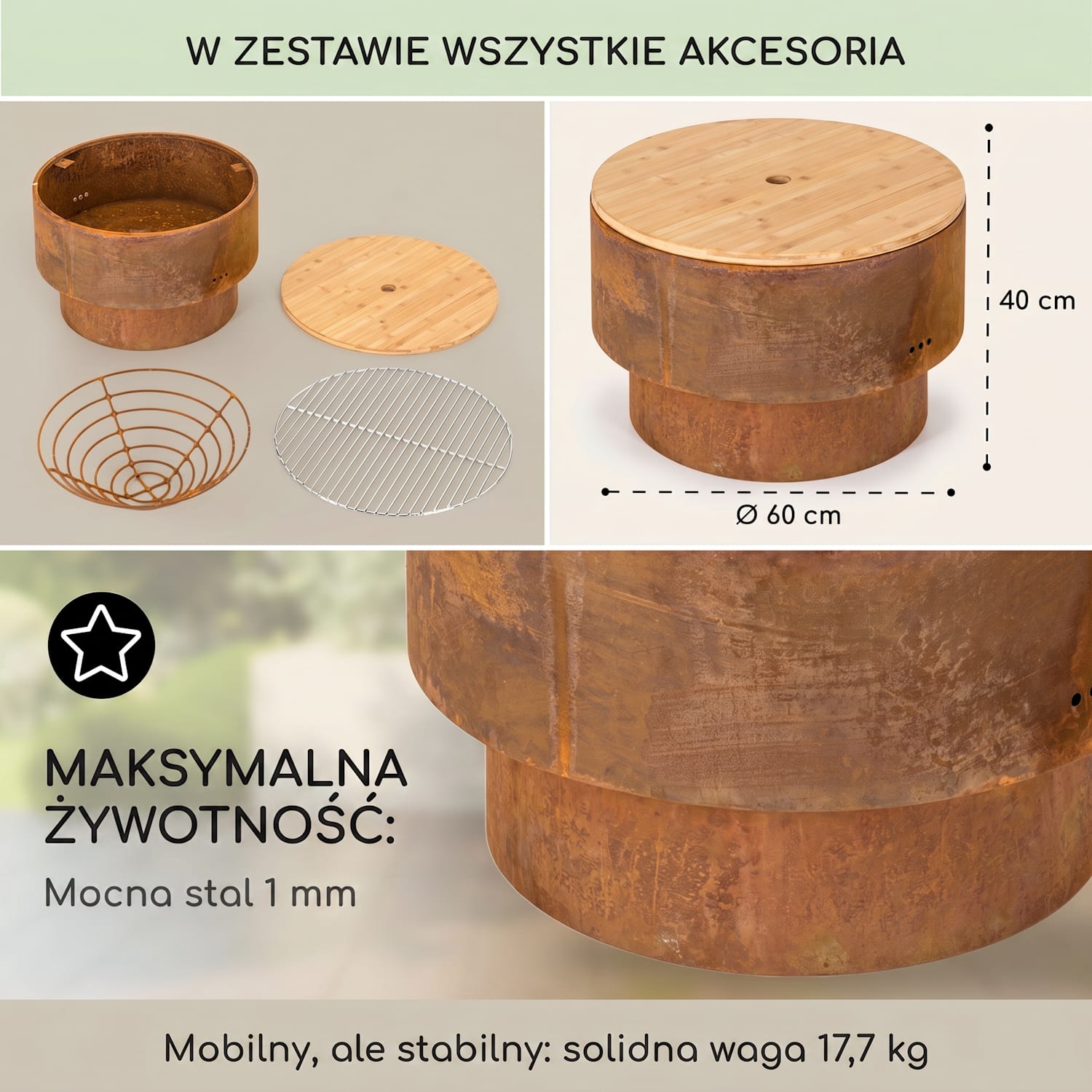 Pompeji Rust, palenisko ogrodowe z rusztem grillowym, Ø 60 cm, stal Rdza