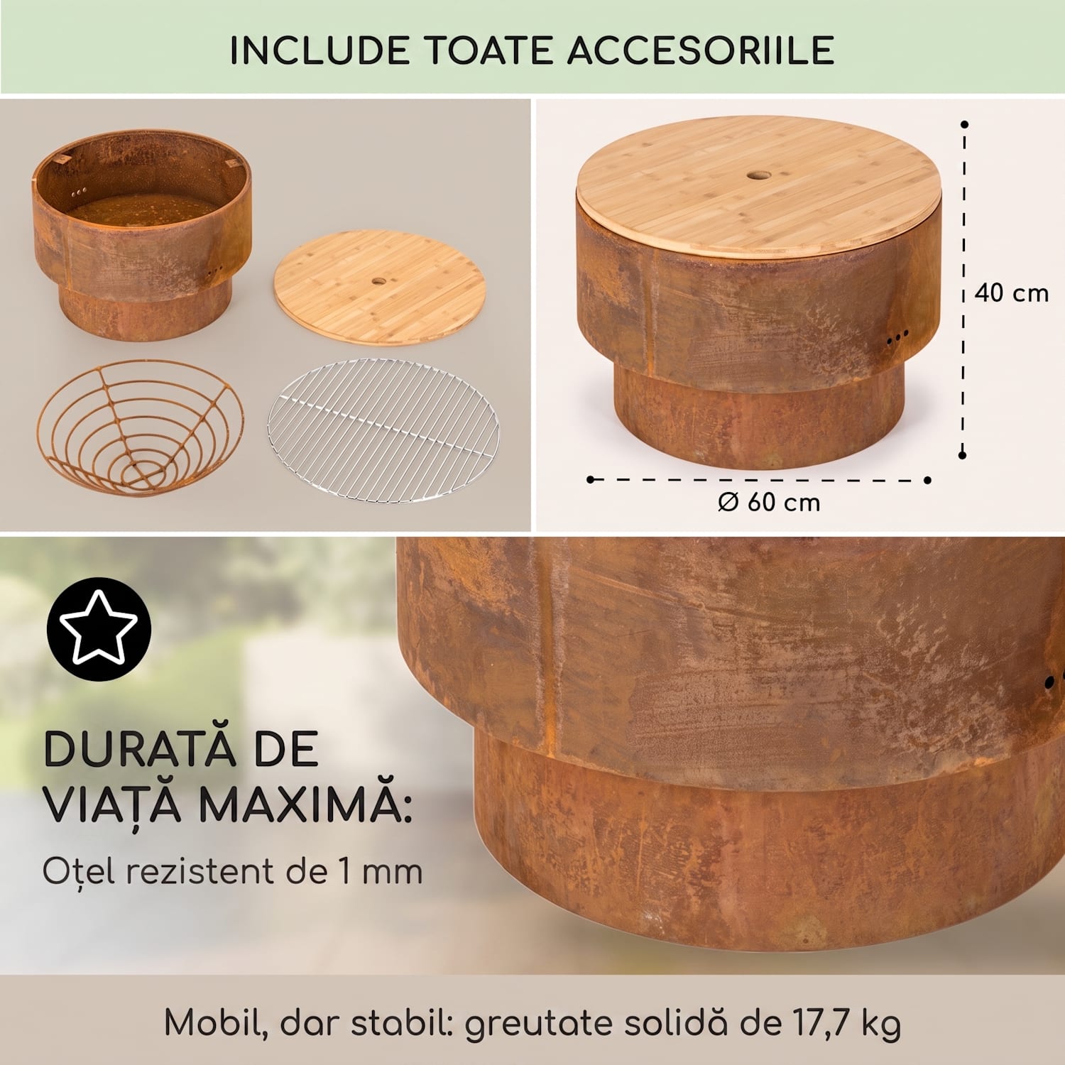 Pompeii Rust, șemineu și grătar, Ø 60 cm, oțel Rugină