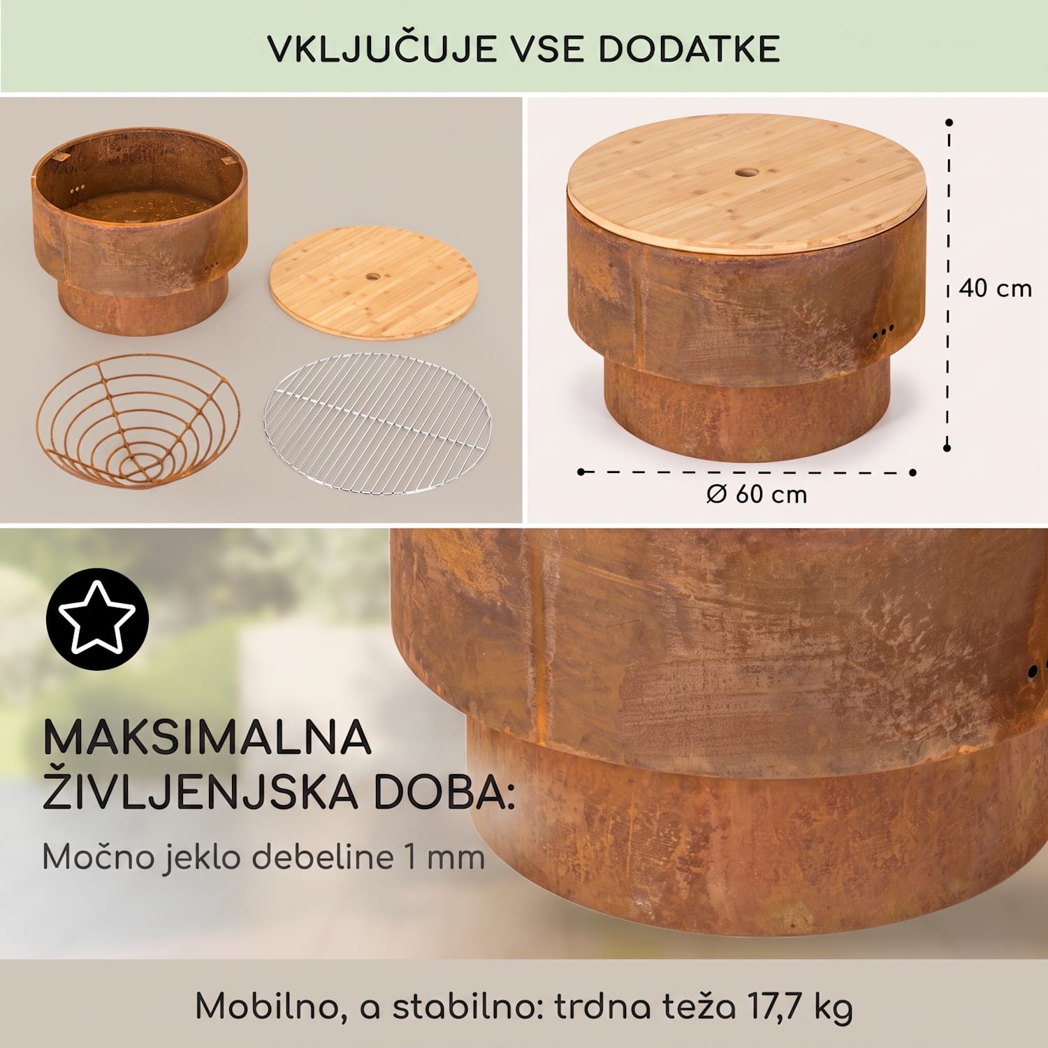 Pompeii Rust, ognjišče in žar, Ø 60 cm, jeklo Rjasta