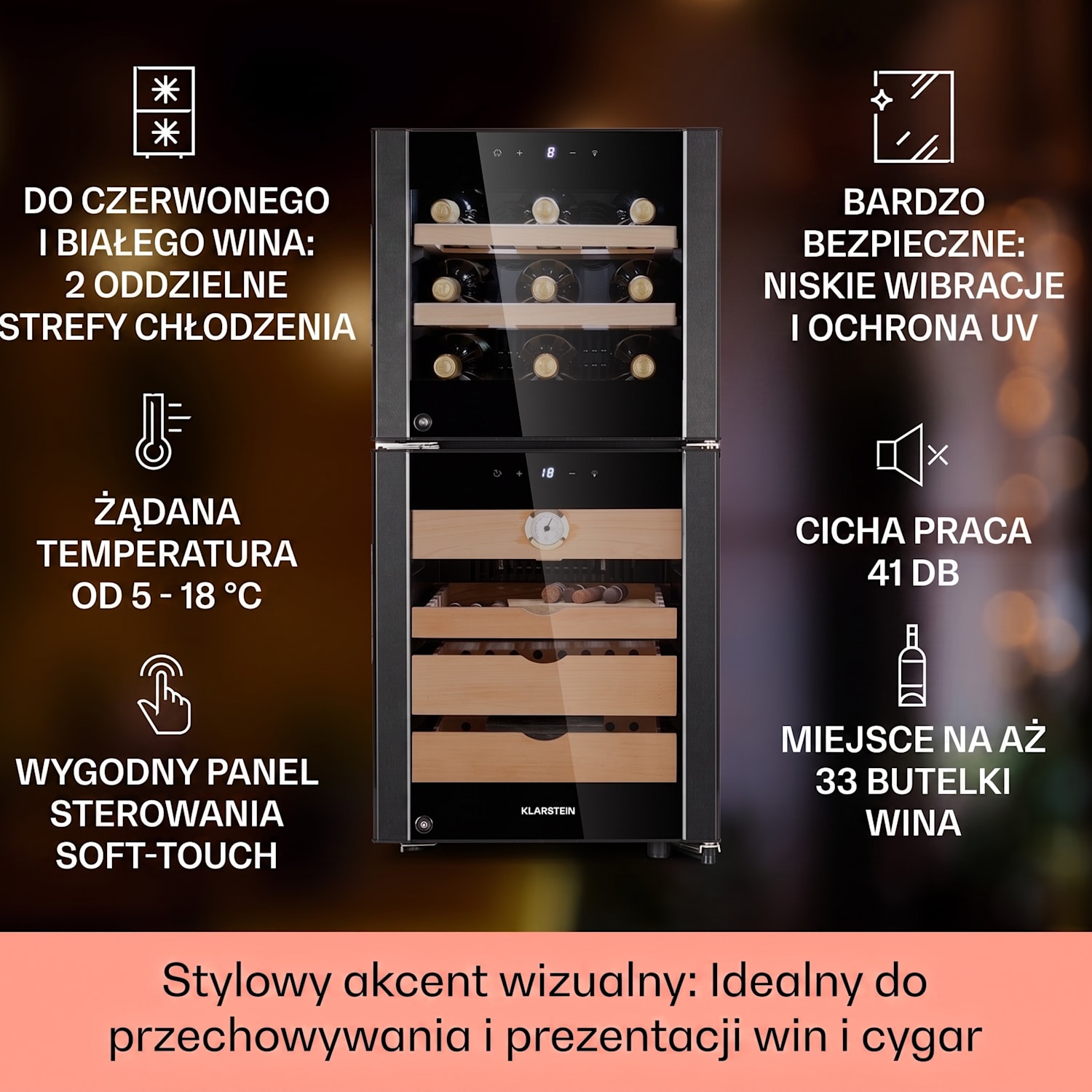 El Dorado 89, humidor i chłodziarka do wina, sterowanie dotykowe, 89 l, LED 89 litrów | Czarny