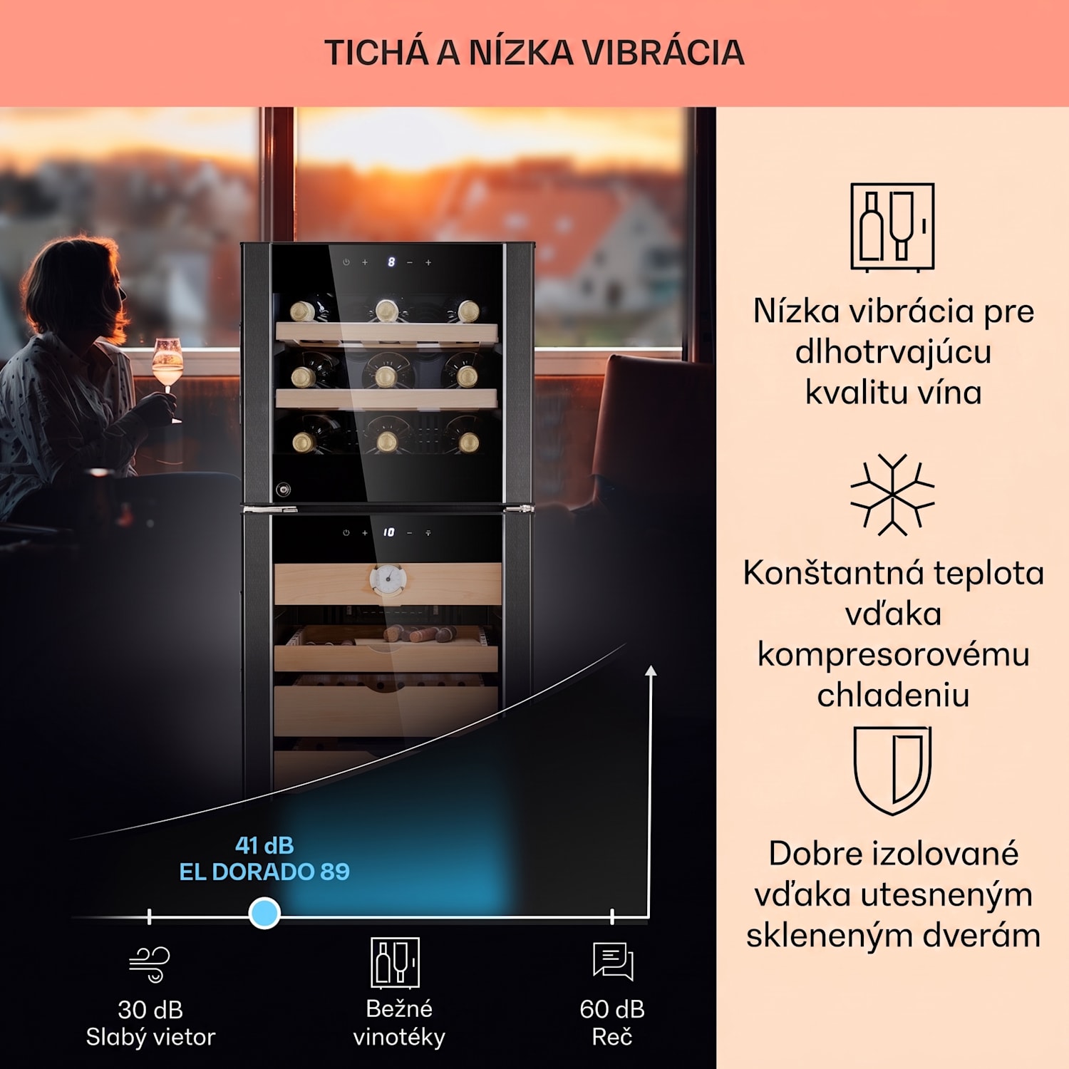 El Dorado 89, humidor a chladnička na víno, 89 l, dotykové ovládanie, LED 89 litrov | Čierna