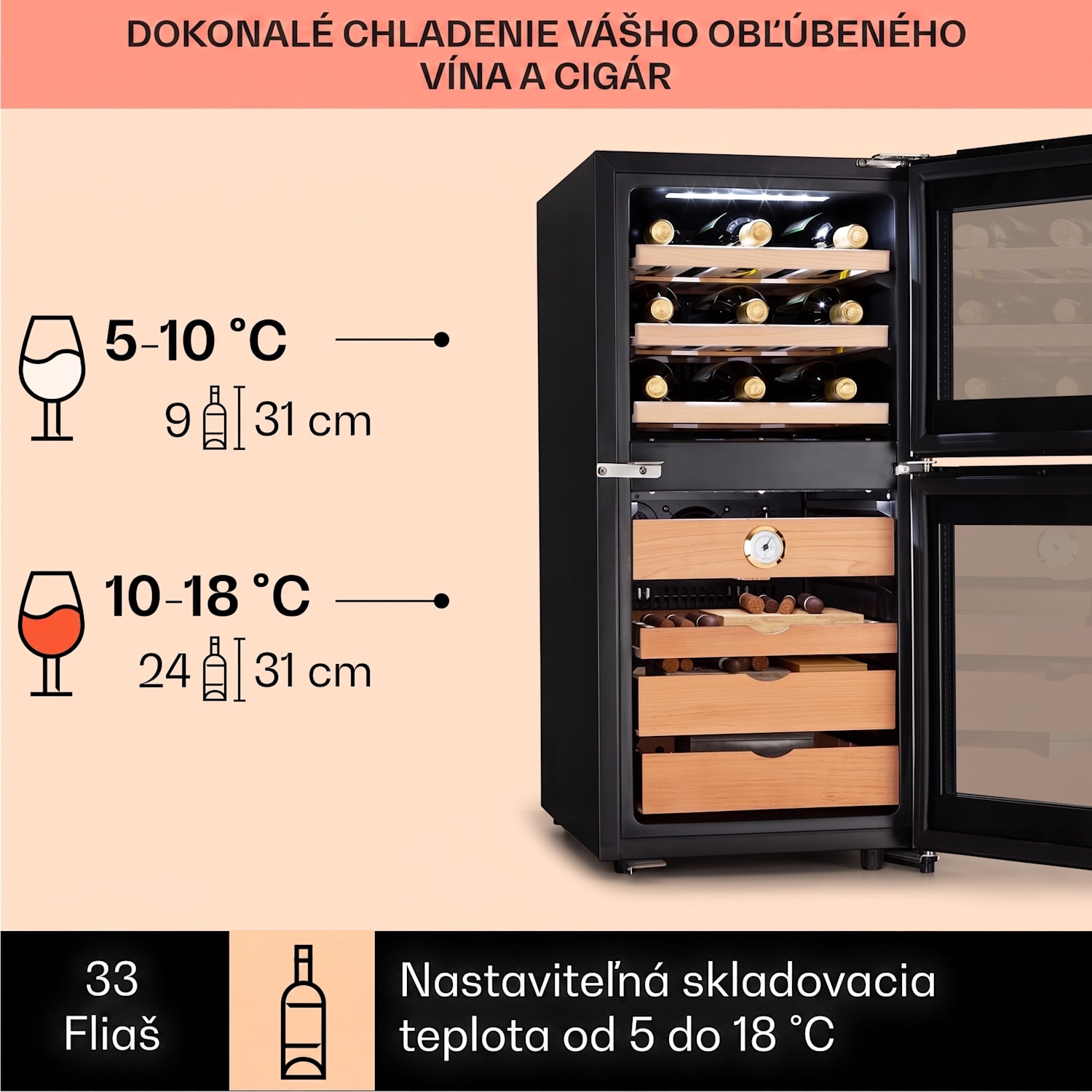 El Dorado 89, humidor a chladnička na víno, 89 l, dotykové ovládanie, LED 89 litrov | Čierna
