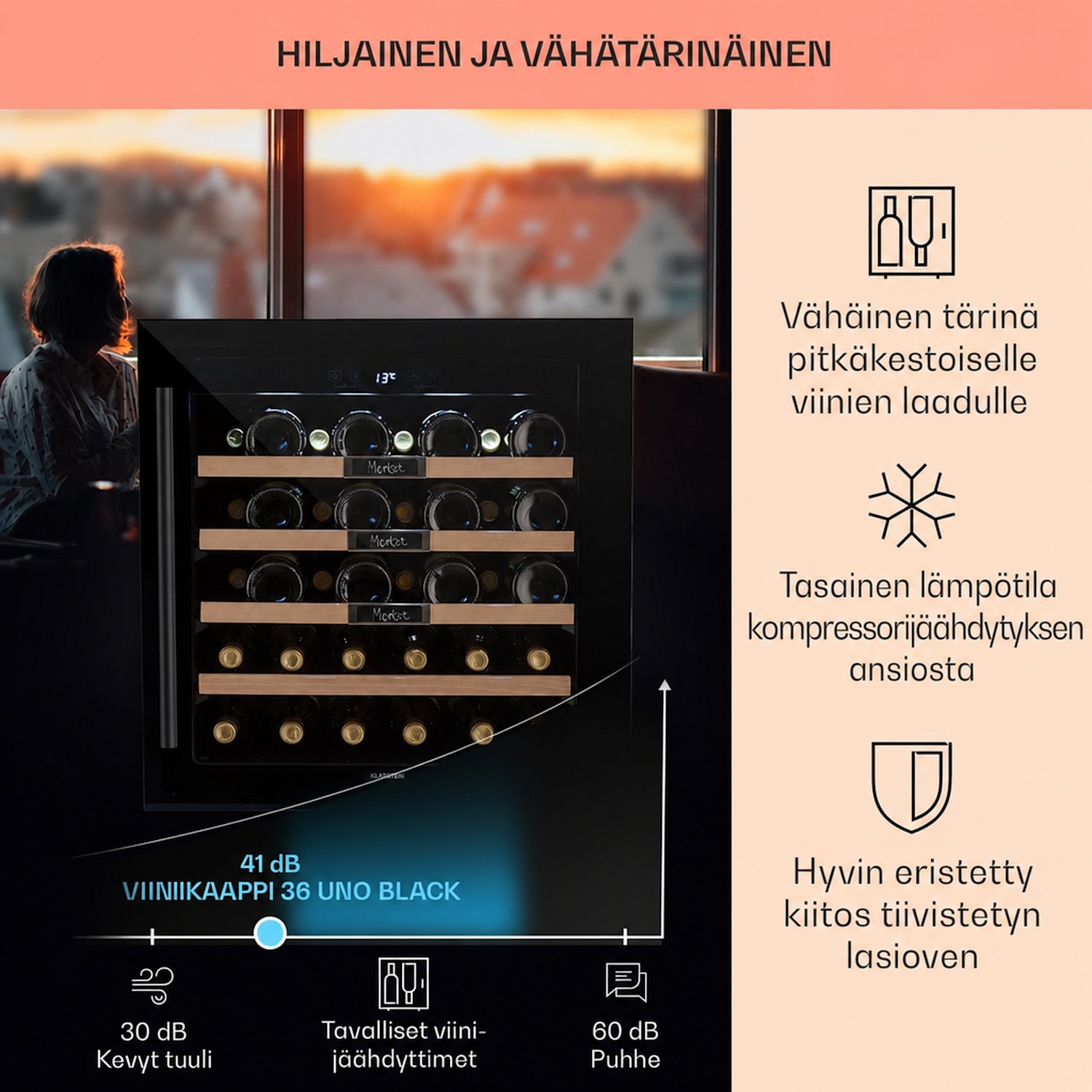 Vinsider 36 Built-In Uno -viinikaappi integroitava 36 pullolle 92 l ruostumaton teräs 36 pulloa | 1 jäähdytysalue | Musta