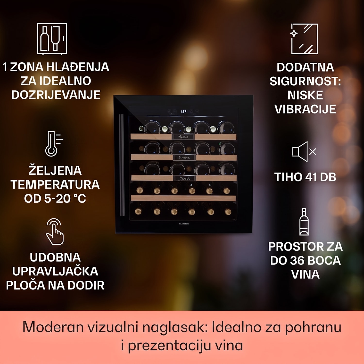 Vinsider 36 Built-In Uno, ugradbeni ormarić za vino, 36 boca, 92 litre, nehrđajući čelik 36 boca | 1 | Crna