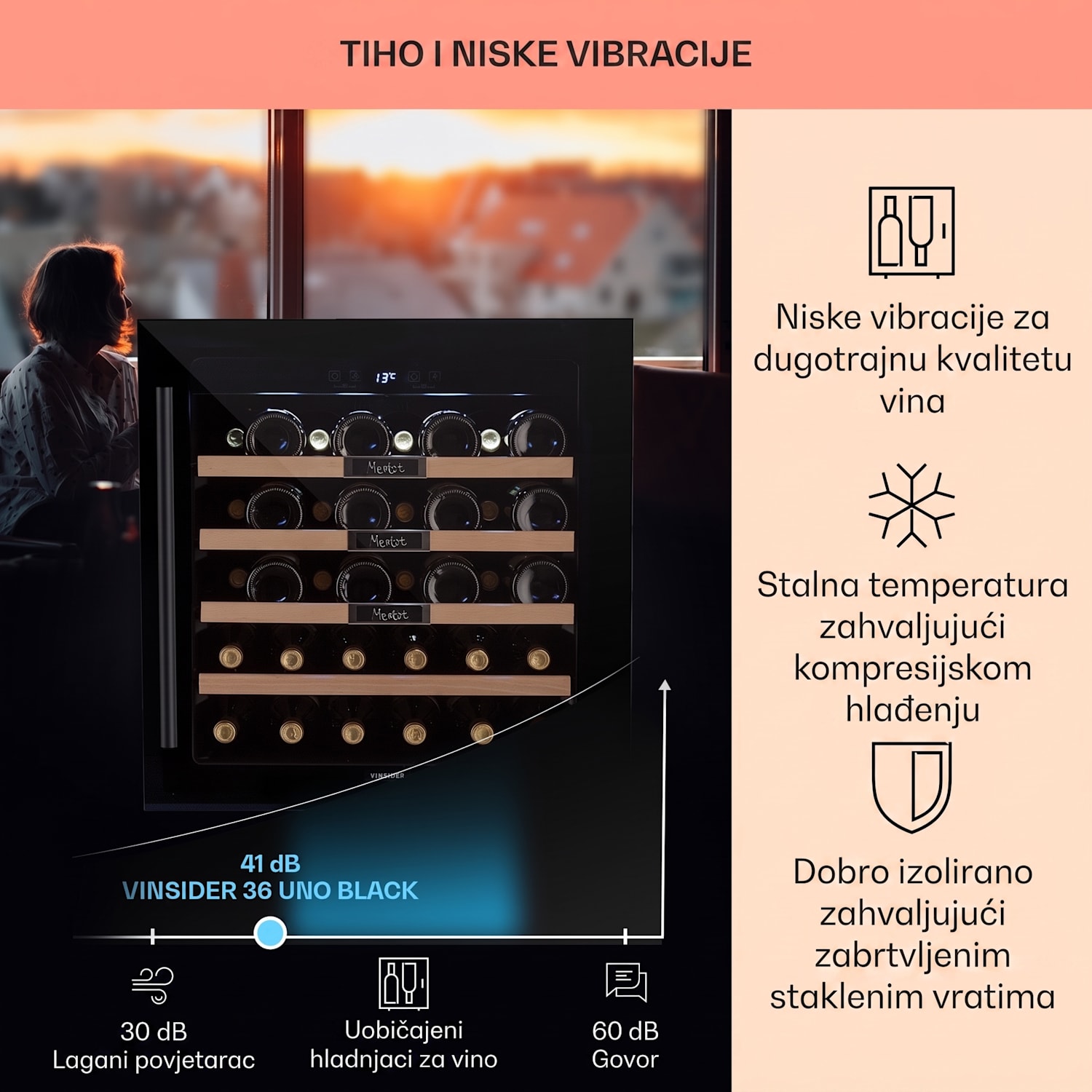 Vinsider 36 Built-In Uno, ugradbeni ormarić za vino, 36 boca, 92 litre, nehrđajući čelik 36 boca | 1 | Crna