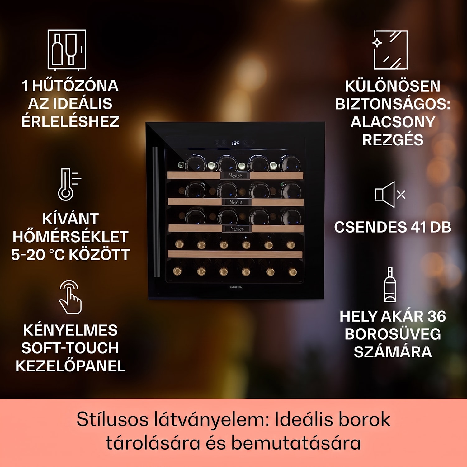 Vinsider 36 Built-In Uno, beépített borhűtő, 92 liter, 36 palack, rozsdamentes acél 36 palack | 1 hűtőzóna | Fekete
