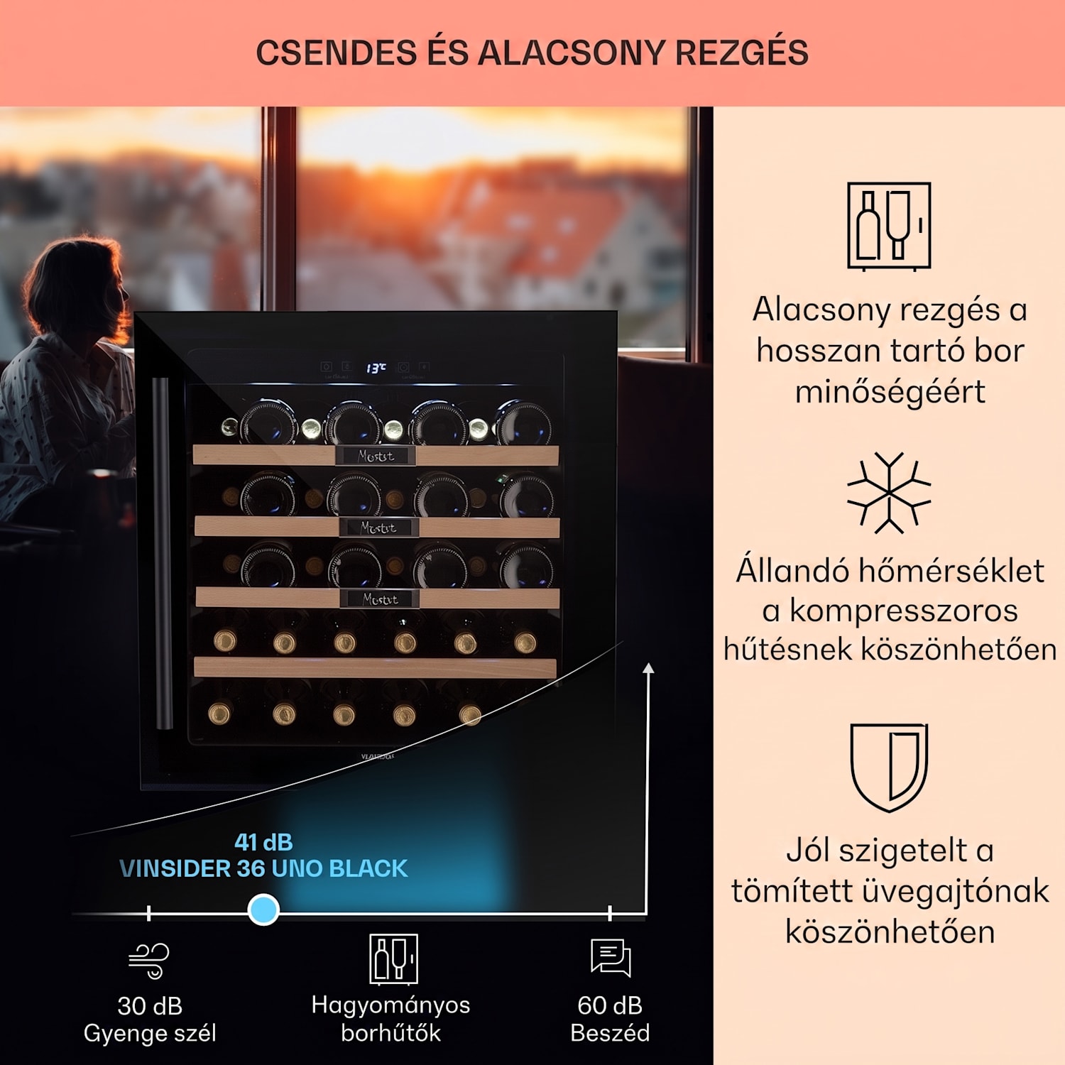 Vinsider 36 Built-In Uno, beépített borhűtő, 92 liter, 36 palack, rozsdamentes acél 36 palack | 1 hűtőzóna | Fekete
