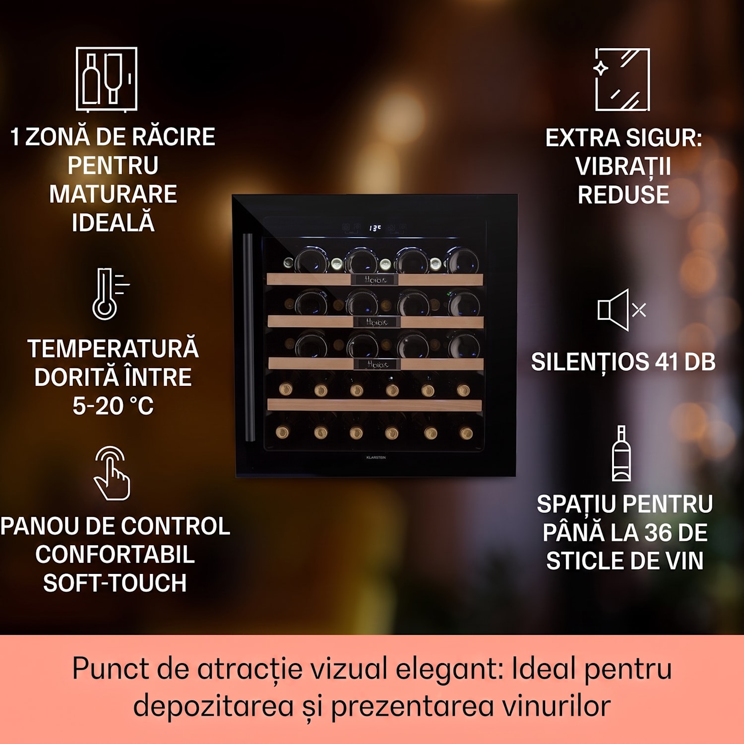 Vinsider 36 Built-In Uno, frigider pentru vin încorporat, 36 sticle, 92 litri, oțel inoxidabil 36 de sticle | 1 | Negru