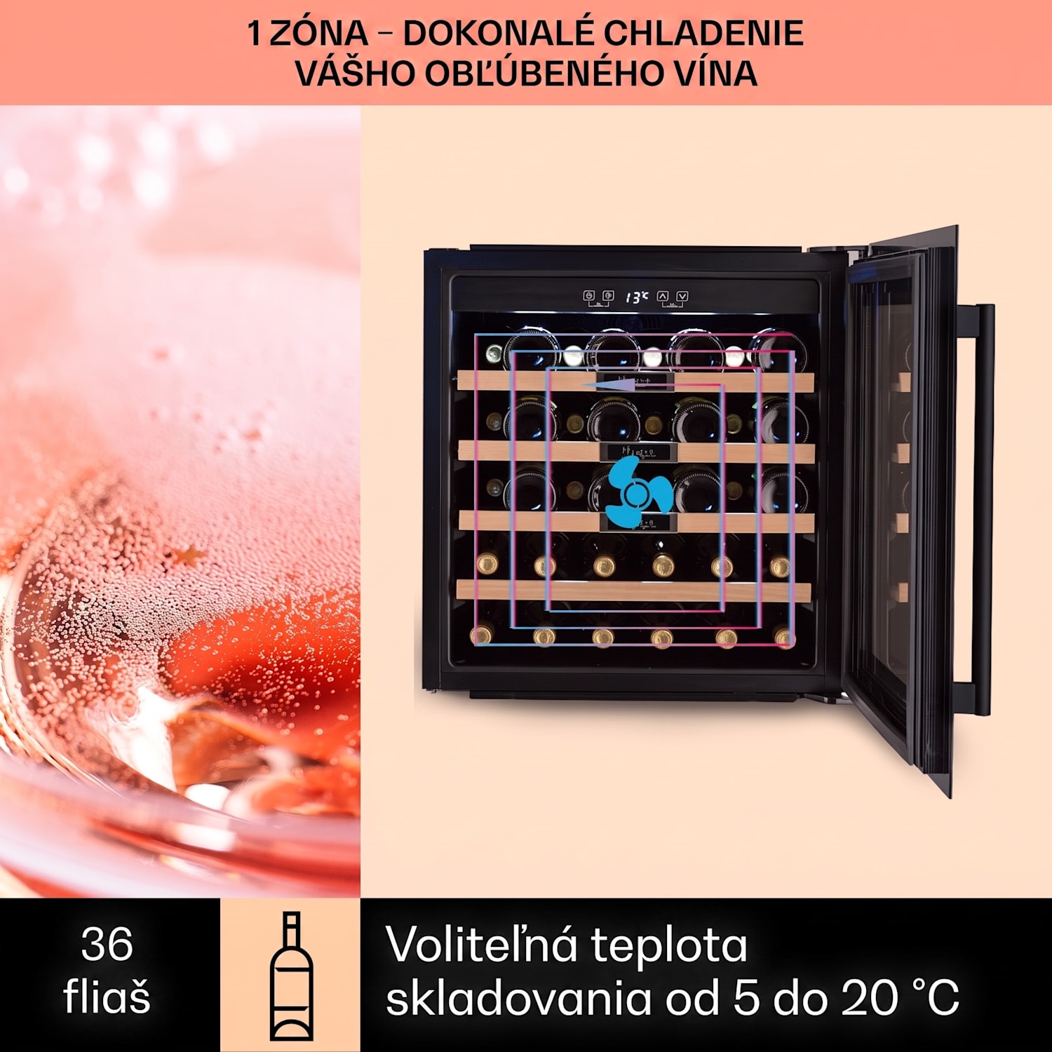 Vinsider 36 Built-In Uno, vstavaná vinotéka, 92 l, 36 fliaš, nehrdzavejúca oceľ 36 fliaš | 1 chladiaca zóna | Čierna
