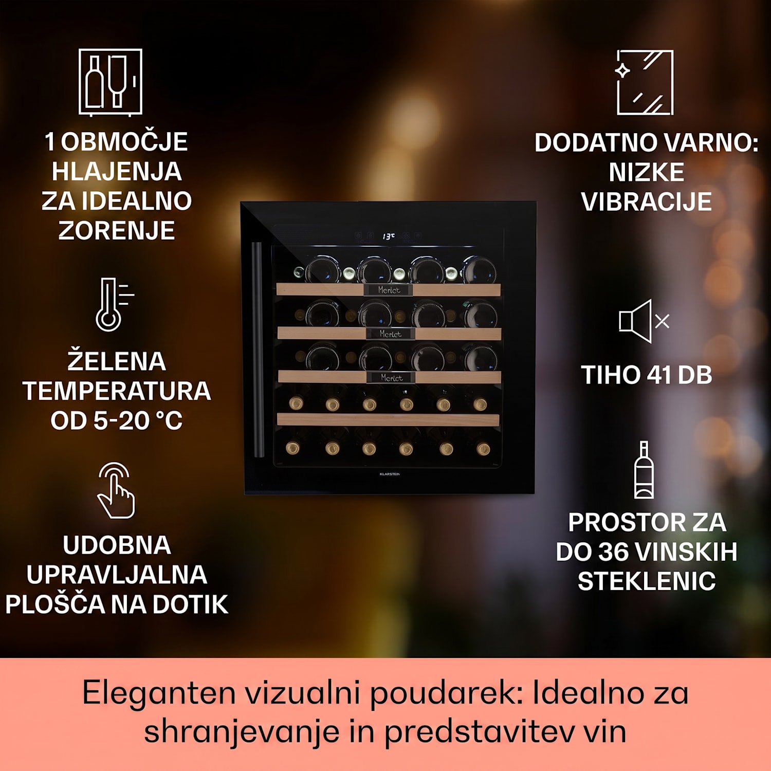 Vinsider 36 Built-In Uno, vgradna vinoteka, 36 steklenic, 92 litrov, nerjaveče jeklo 36 steklenic | 1 | Črna