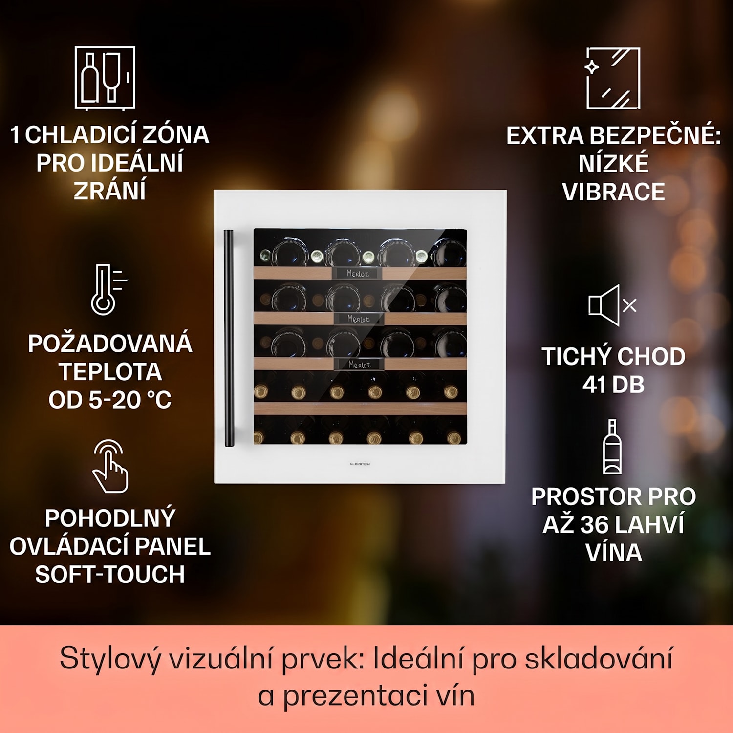 Vinsider 36 Built-In Uno, vestavná vinotéka, 92 l/36 lahví, nerezová ocel 36 lahví | 1 chladící zóna | Bílá