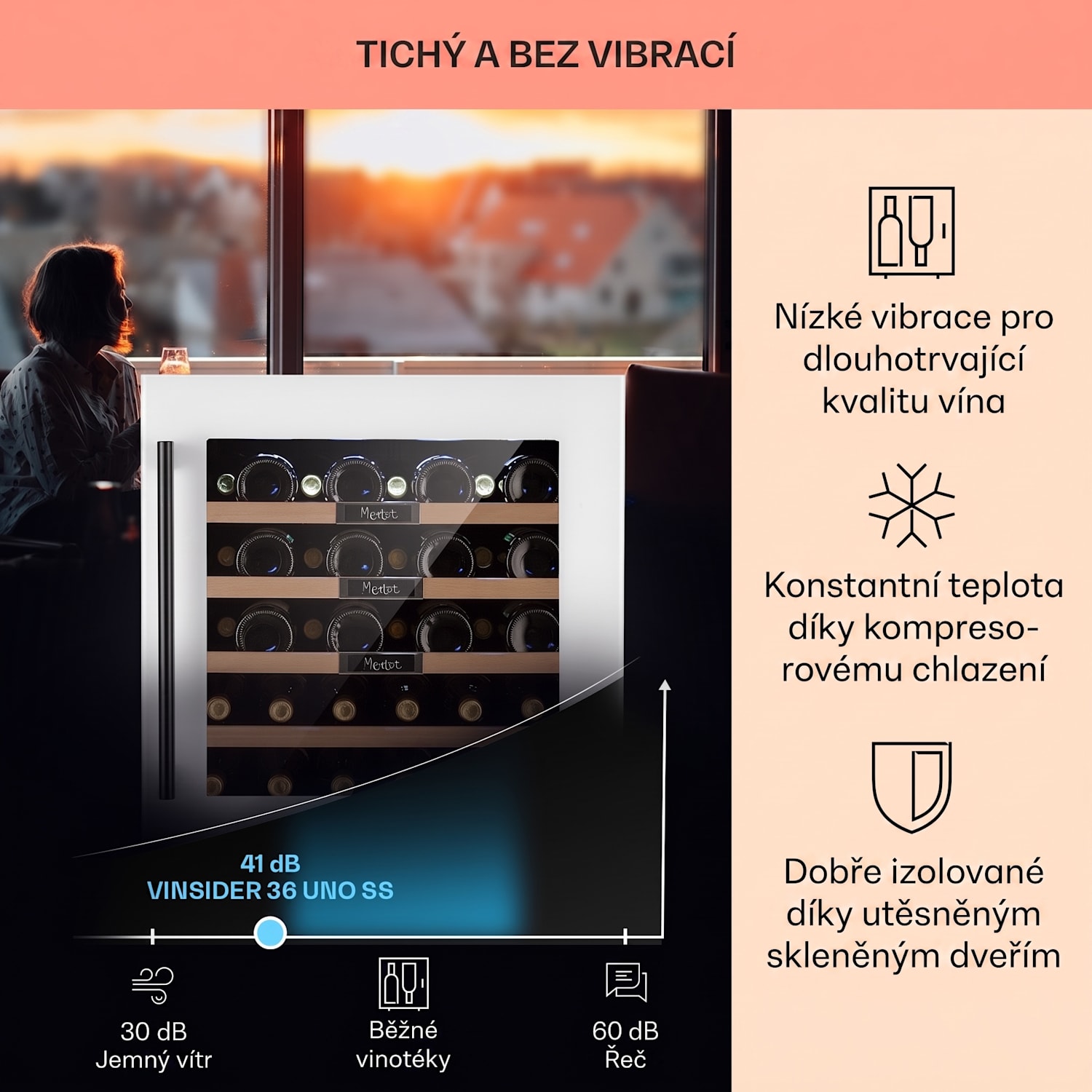 Vinsider 36 Built-In Uno, vestavná vinotéka, 92 l/36 lahví, nerezová ocel 36 lahví | 1 chladící zóna | Bílá