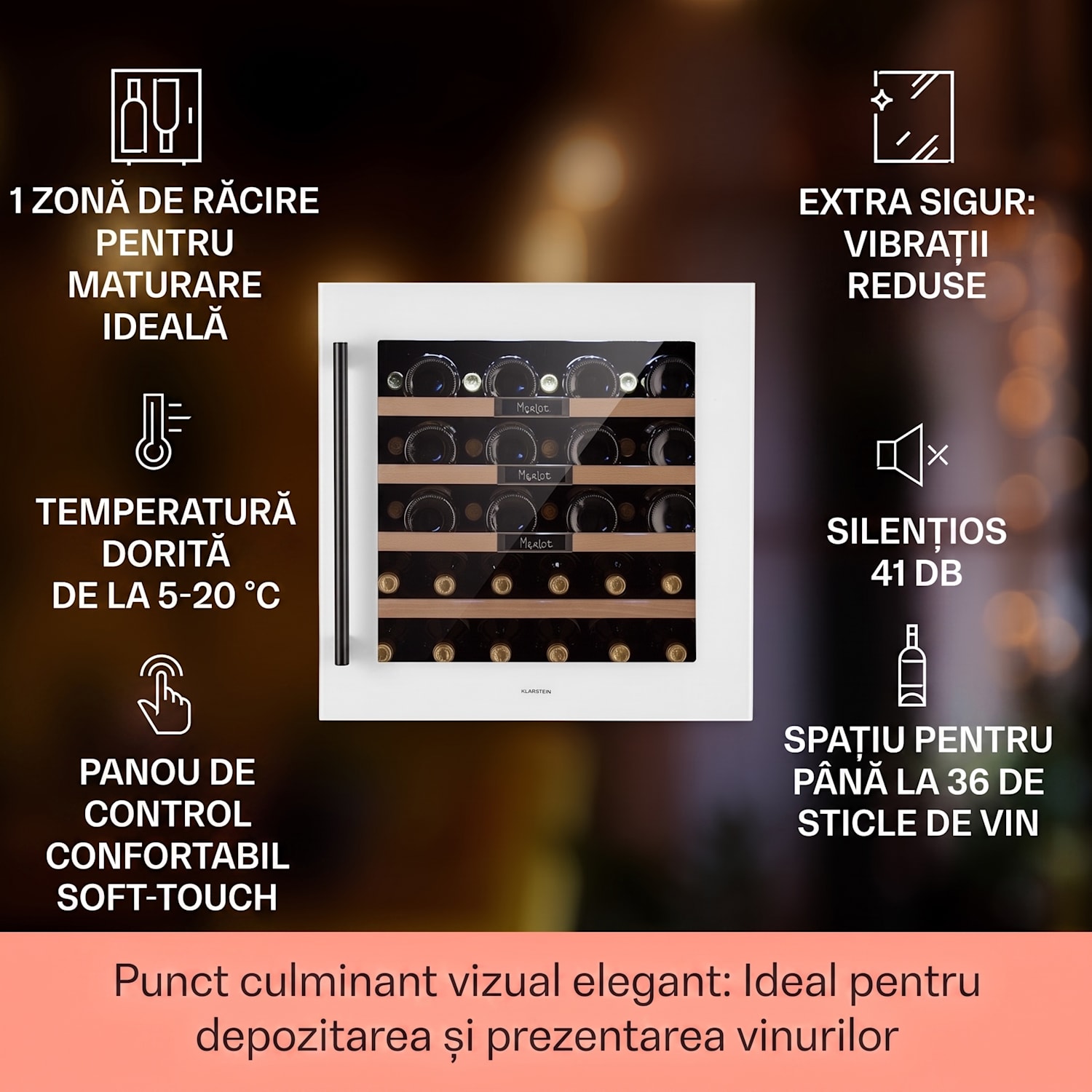 Vinsider 36 Built-In Uno, frigider pentru vin încorporat, 36 sticle, 92 litri, oțel inoxidabil 36 de sticle | 1 | Alb