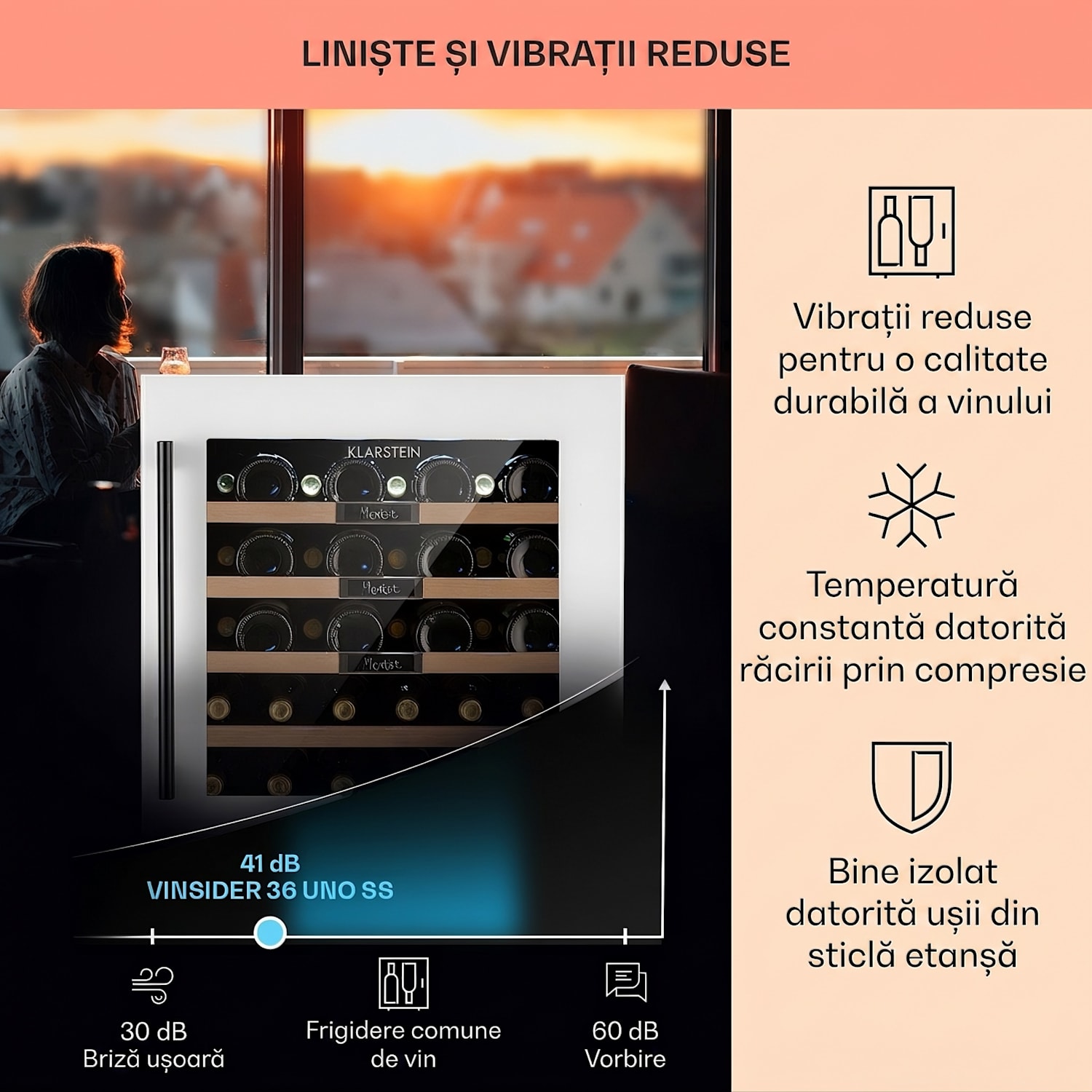 Vinsider 36 Built-In Uno, frigider pentru vin încorporat, 36 sticle, 92 litri, oțel inoxidabil 36 de sticle | 1 | Alb