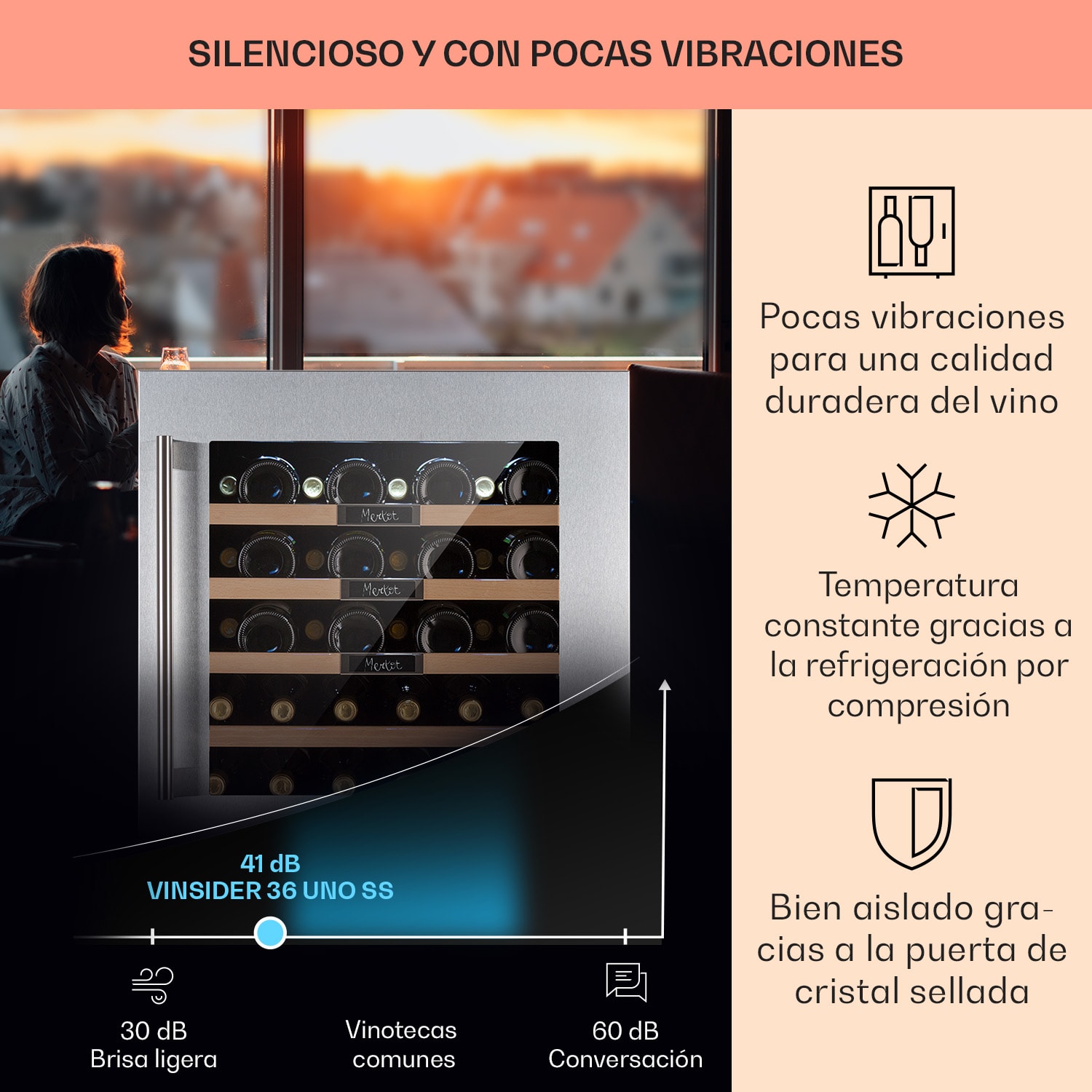 Vinsider 36 Built-In Uno Vinoteca empotrable 36 botellas 92 L Acero inoxidable 36 botellas | 1 zona de refrigeración | Acero Inoxidable