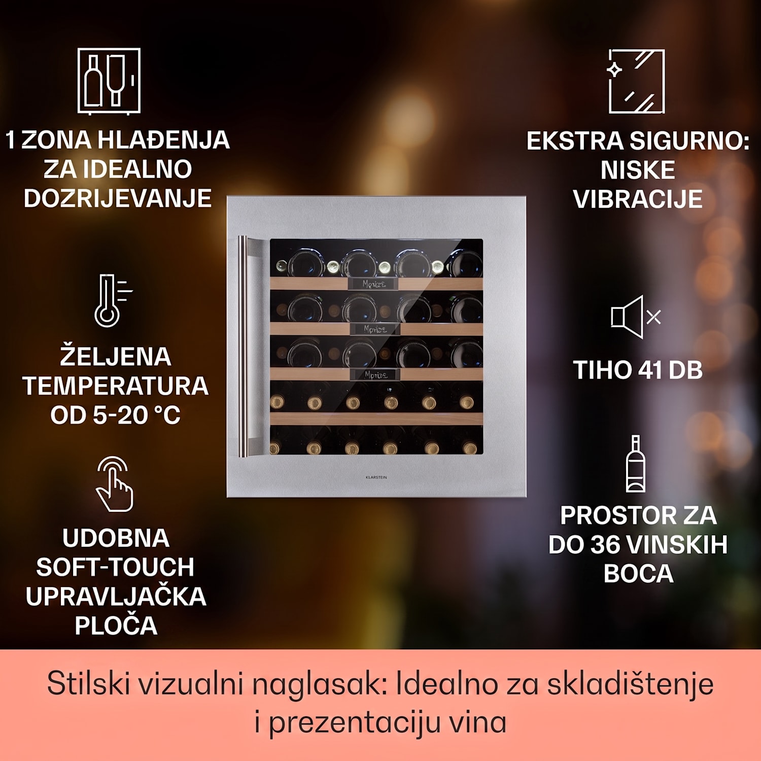Vinsider 36 Built-In Uno, ugradbeni ormarić za vino, 36 boca, 92 litre, nehrđajući čelik 36 boca | 1 | Nehrđajući čelik