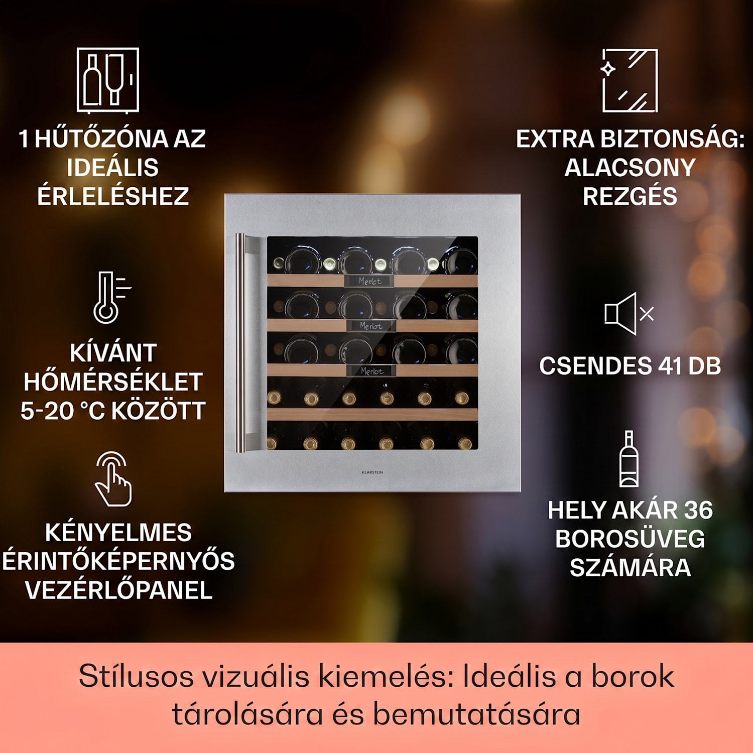 Vinsider 36 Built-In Uno, beépített borhűtő, 92 liter, 36 palack, rozsdamentes acél 36 palack | 1 hűtőzóna | Rozsdamentes acél