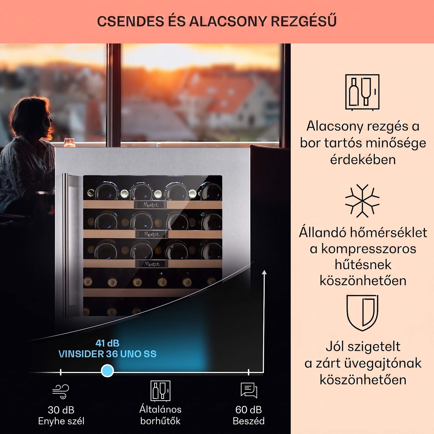 Vinsider 36 Built-In Uno, beépített borhűtő, 92 liter, 36 palack, rozsdamentes acél 36 palack | 1 hűtőzóna | Rozsdamentes acél