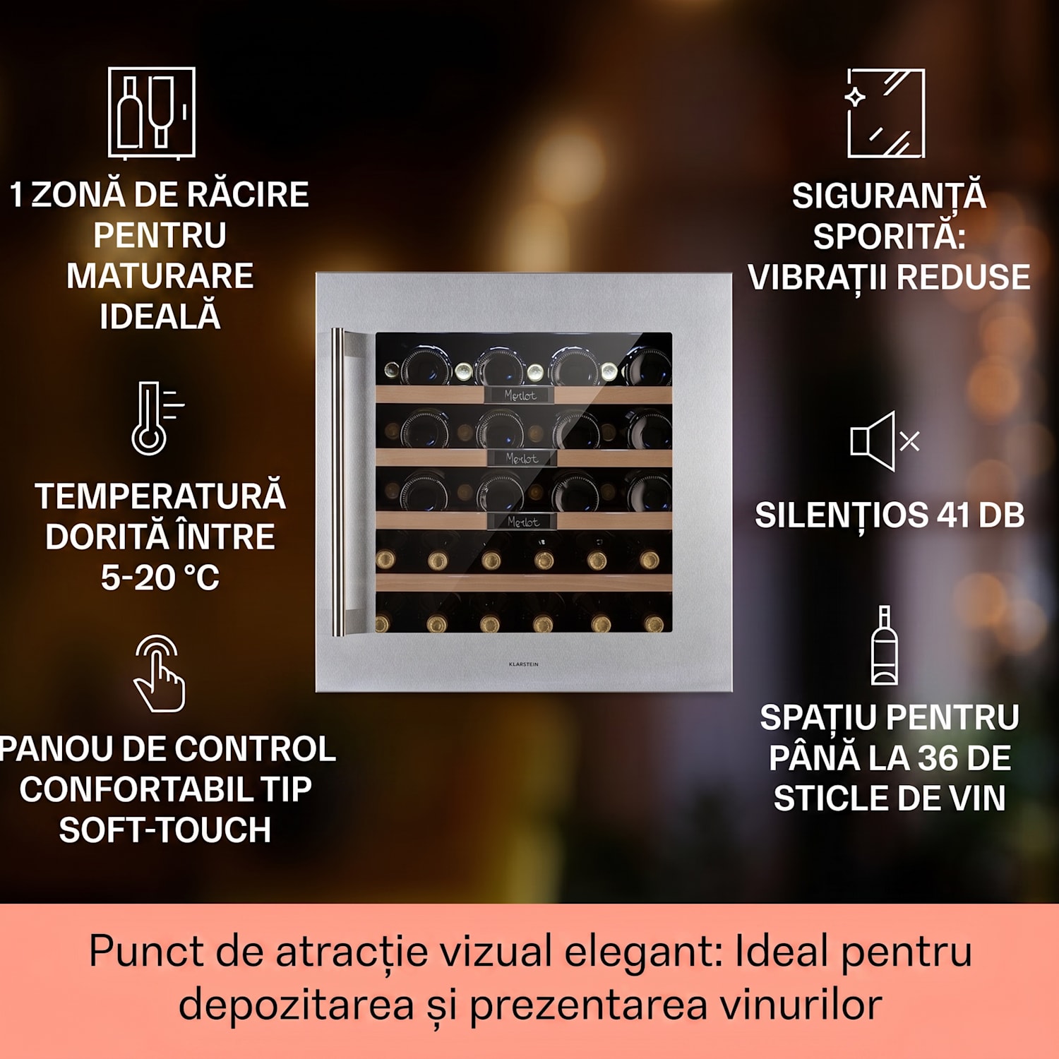 Vinsider 36 Built-In Uno, frigider pentru vin încorporat, 36 sticle, 92 litri, oțel inoxidabil 36 de sticle | 1 | Oțel inoxidabil