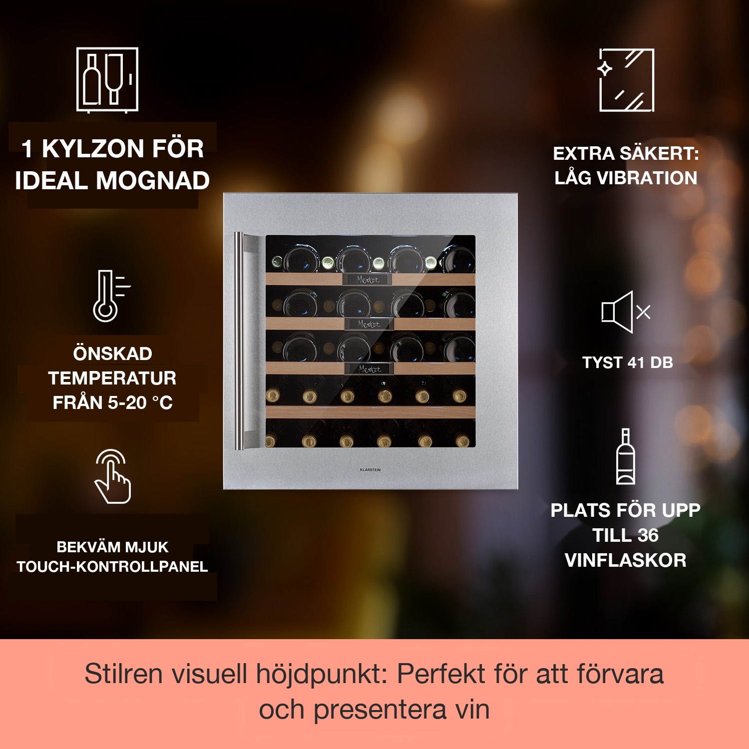 Vinsider 36 Uno inbyggd vinkyl 36 flaskor 92 l rostfritt stål 55 cm | 36 flaskor | Rostfritt Stål