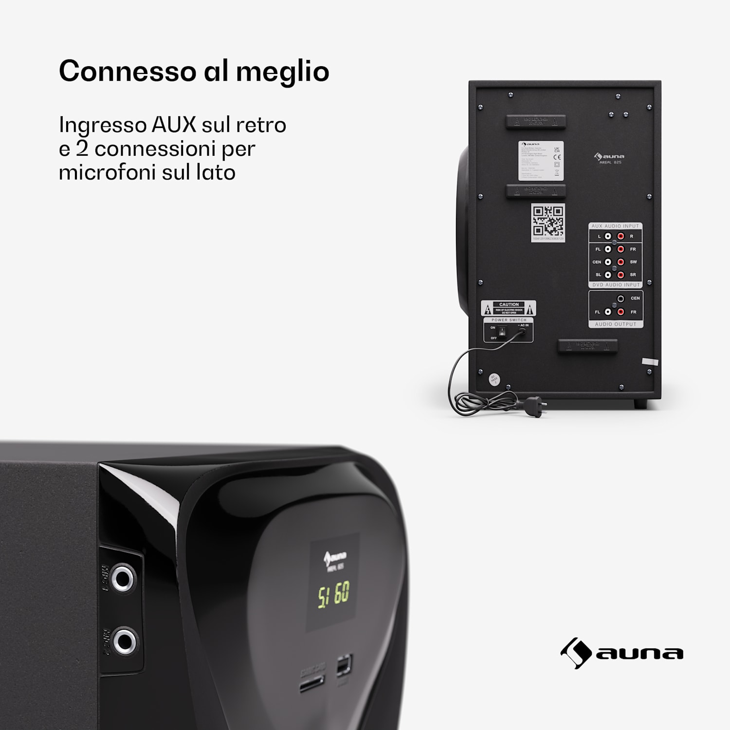 Areal 825 - Impianto audio 5.1 wireless, Bluetooth, 120 W, con funzione karaoke, altoparlanti posteriori wireless 