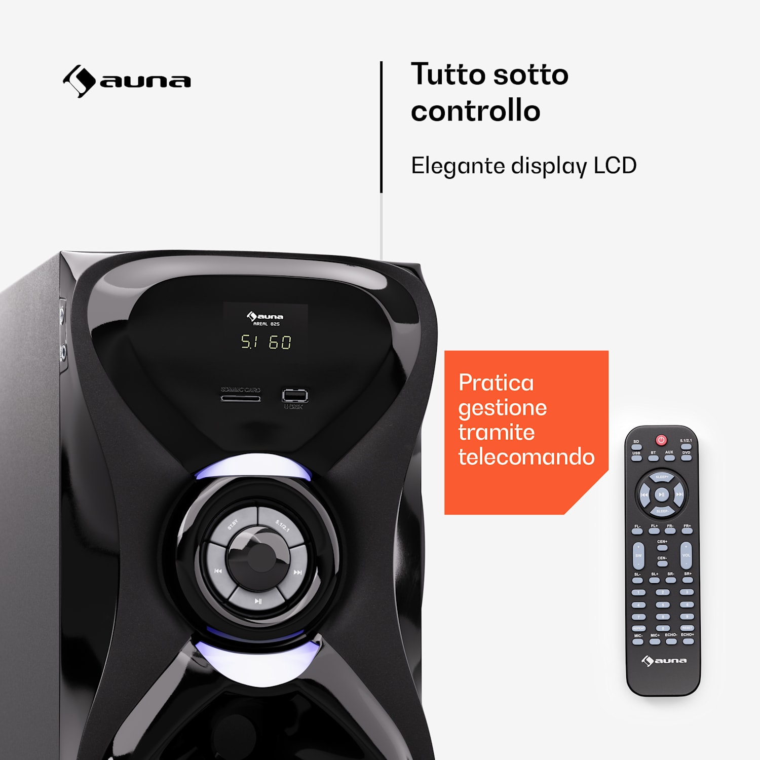 Areal 825 - Impianto audio 5.1 wireless, Bluetooth, 120 W, con funzione karaoke, altoparlanti posteriori wireless 