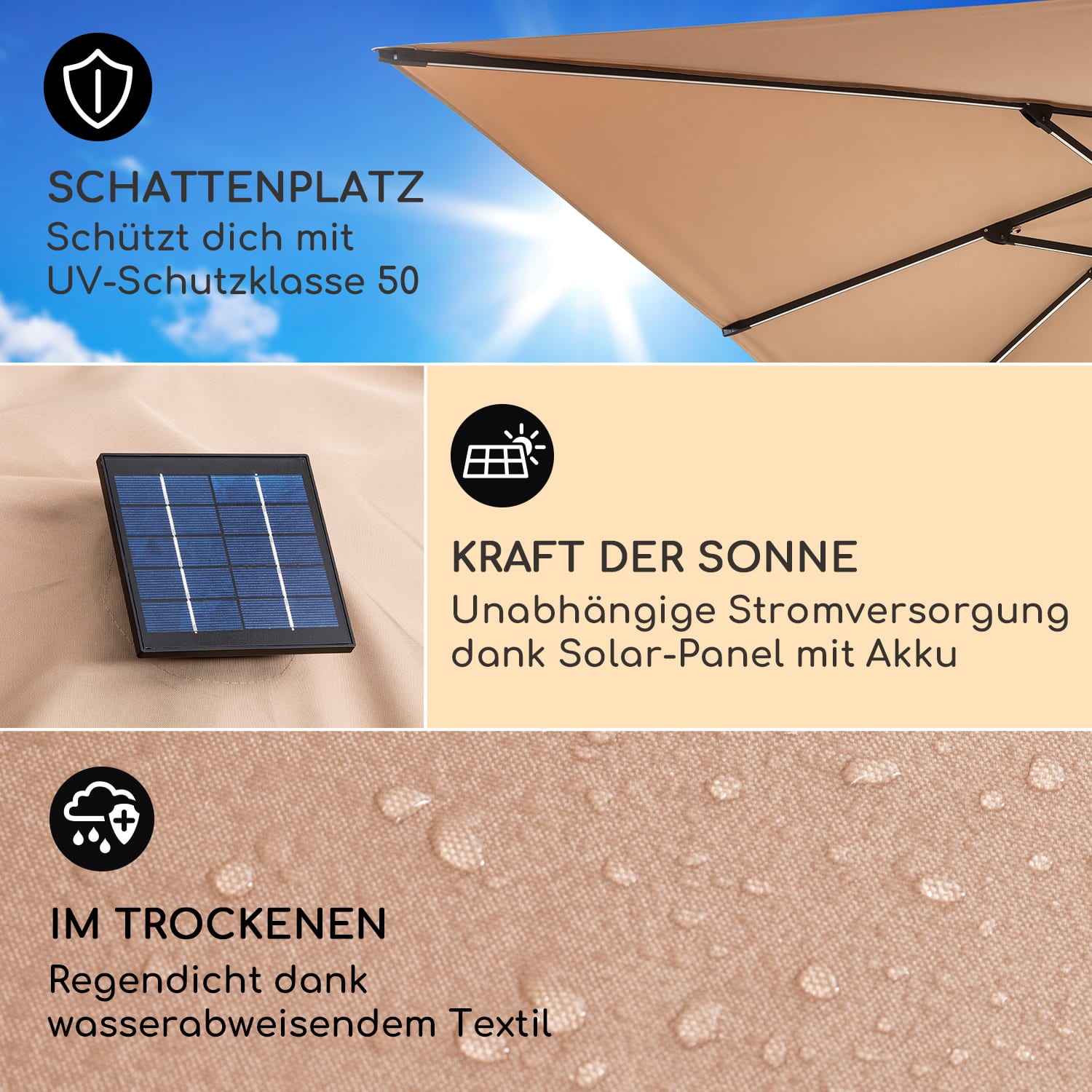 Arles Sonnenschirm 300 x 300 cm Polyester UV50+ wasserabweisend LED-Licht Helles Taupe