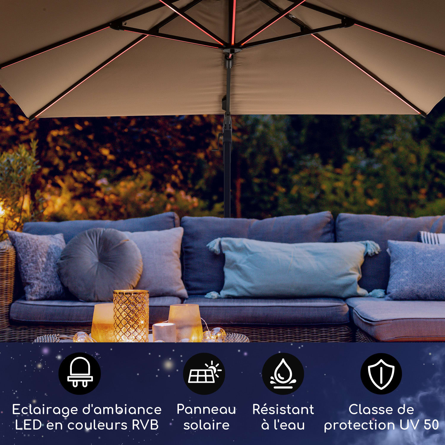 Arles parasol 300 x 300 cm polyester déperlant UV50+ éclairage LED  Taupe Clair