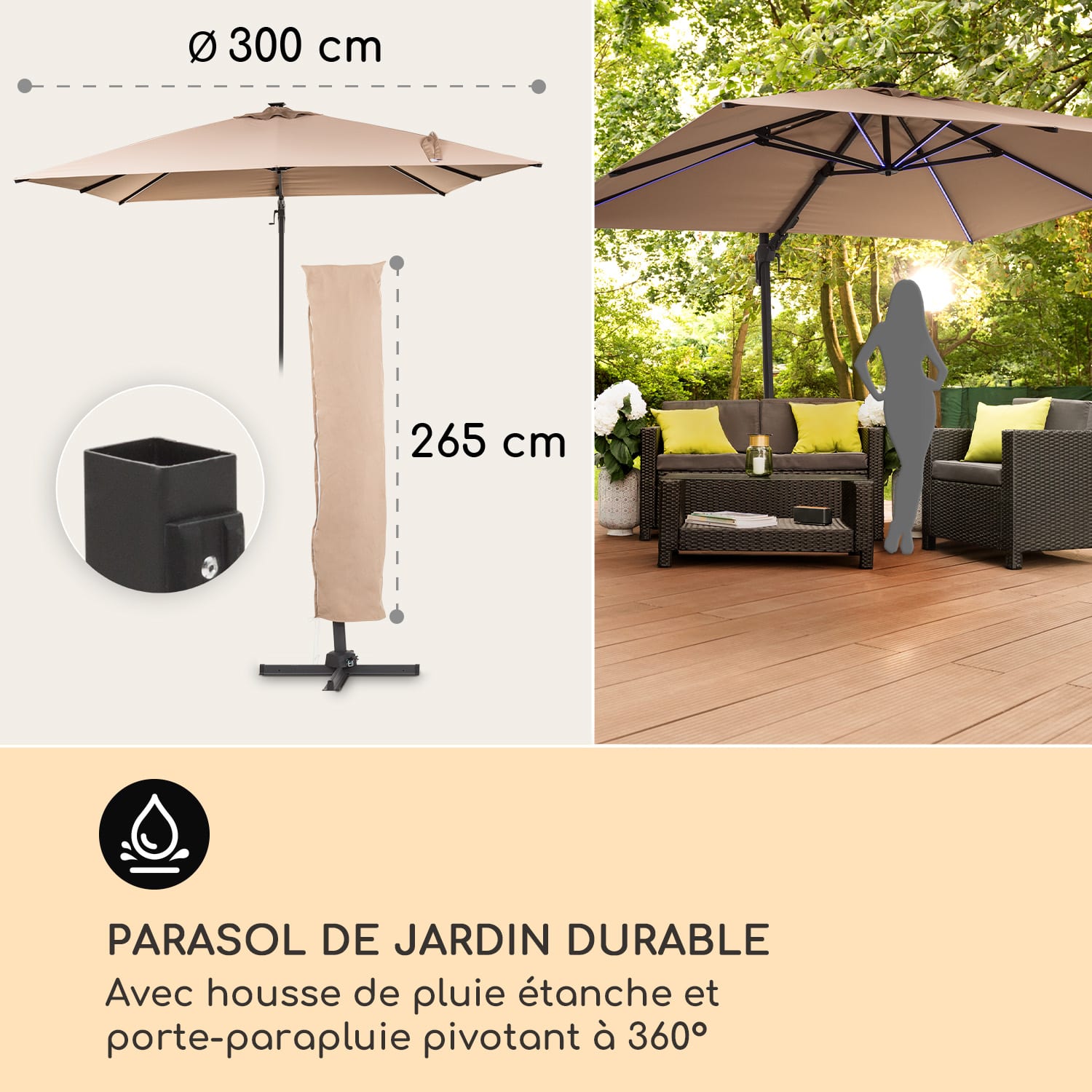 Arles parasol 300 x 300 cm polyester déperlant UV50+ éclairage LED  Taupe Clair
