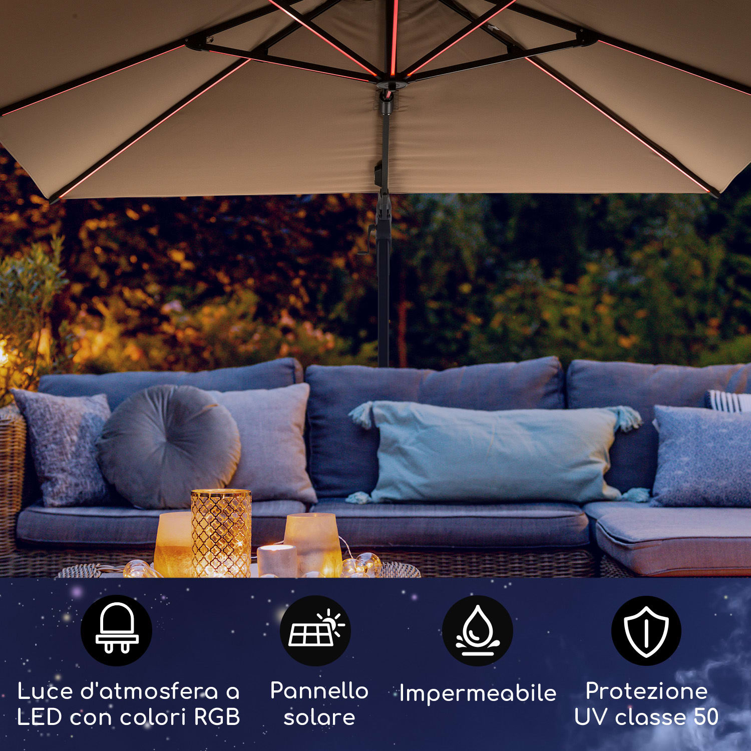 Arles - Ombrellone, 300 x 300 cm, poliestere, UV50+, idrorepellente, luce LED Taupe Clara
