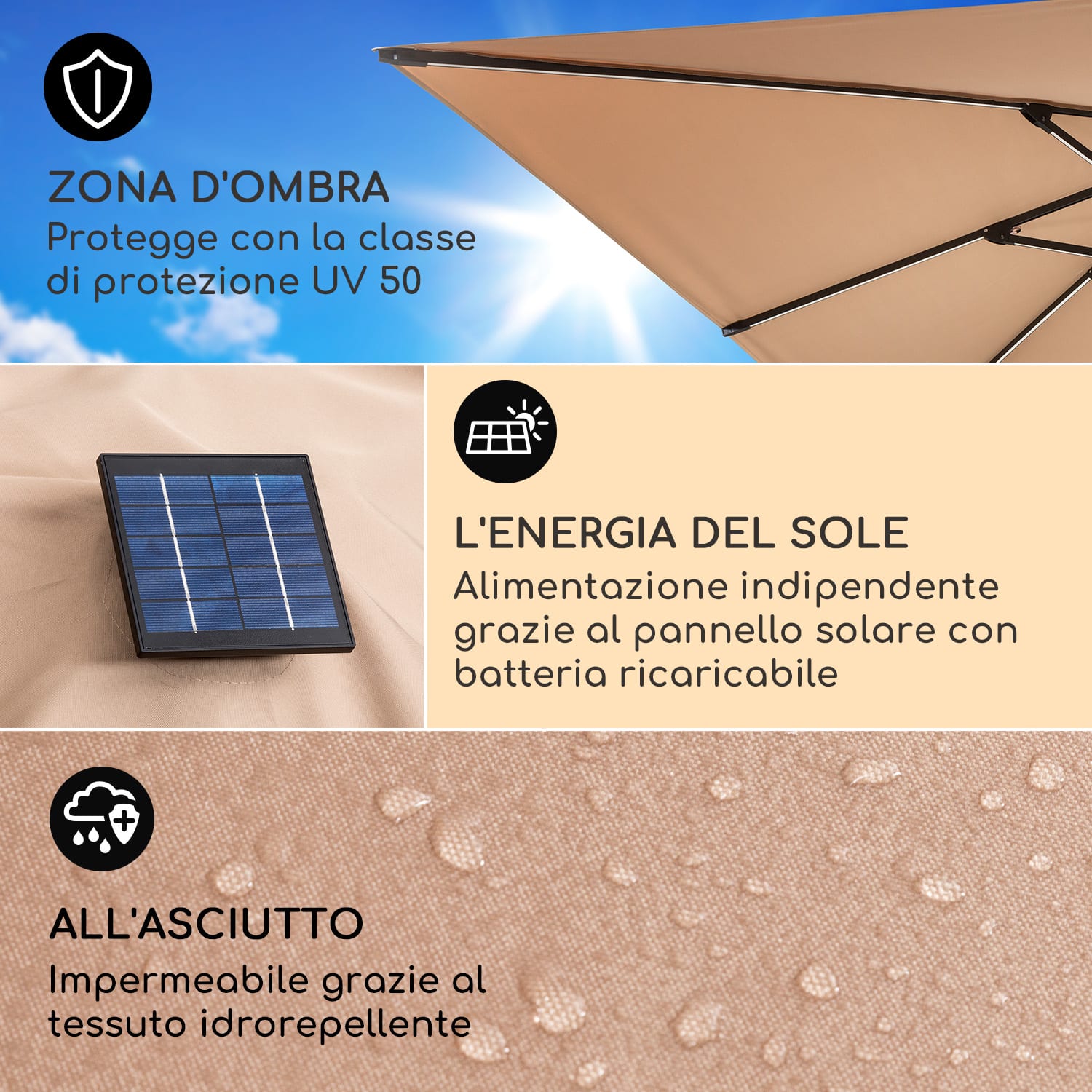Arles - Ombrellone, 300 x 300 cm, poliestere, UV50+, idrorepellente, luce LED Taupe Clara