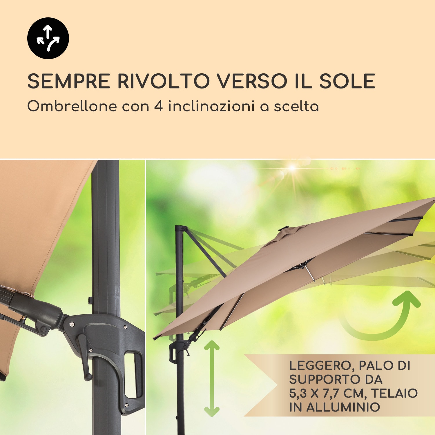 Arles - Ombrellone, 300 x 300 cm, poliestere, UV50+, idrorepellente, luce LED Taupe Clara